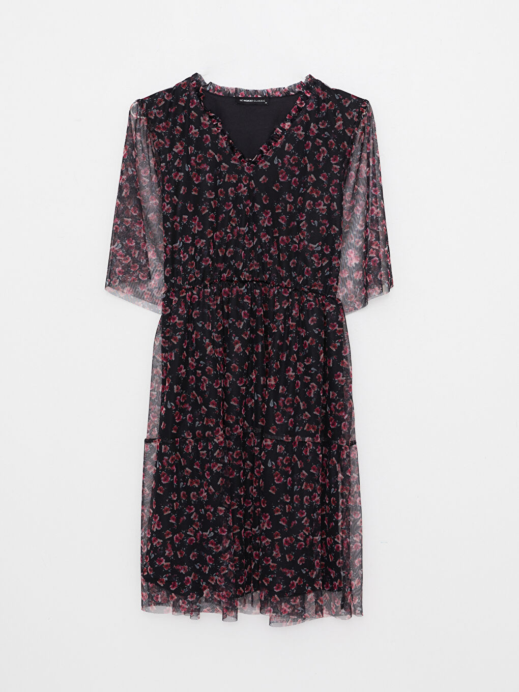 Siyah V Yaka Çiçekli Şifon Kadın Elbise-5