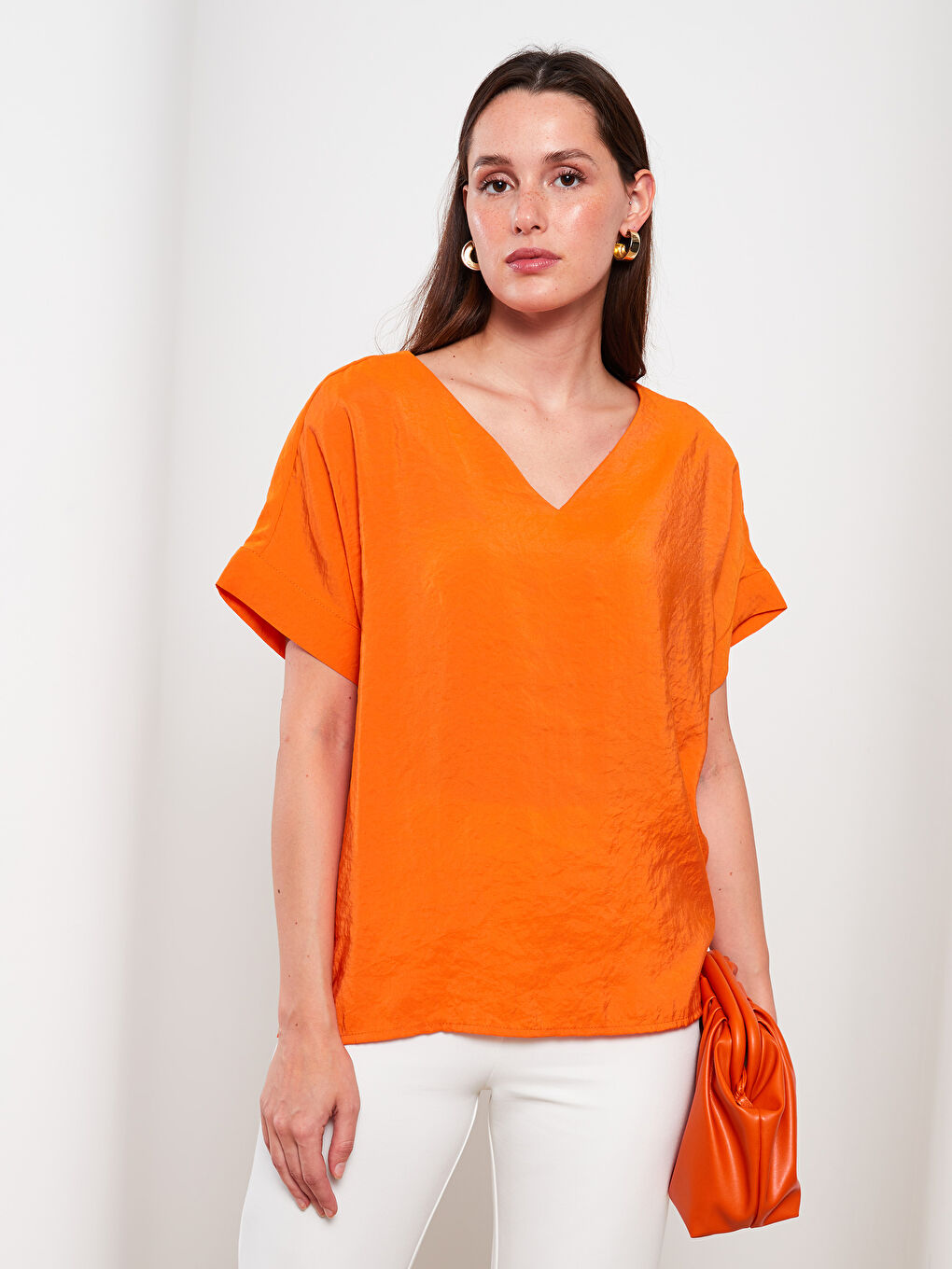 V-Neck Plain Short Sleeve Women's Blouse-1