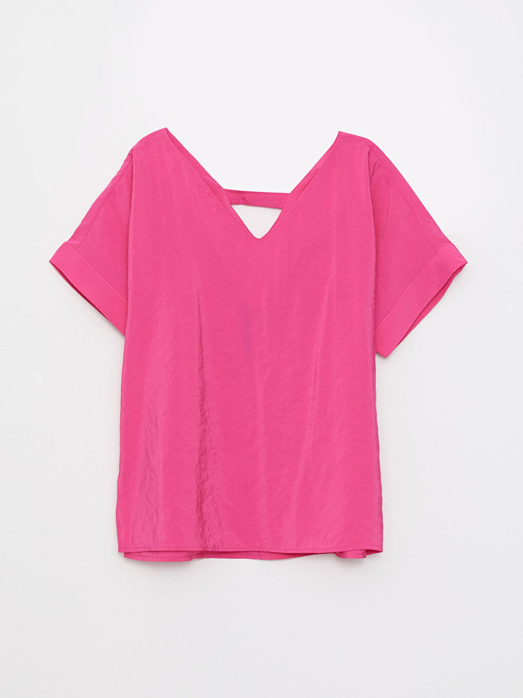 Pembe V Yaka Düz Kısa Kollu Kadın Bluz-5