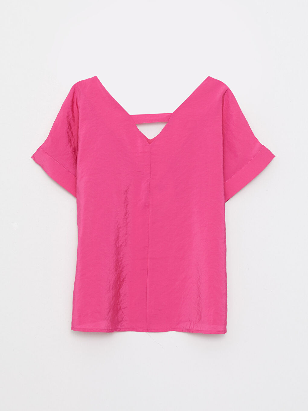 Pembe V Yaka Düz Kısa Kollu Kadın Bluz-6
