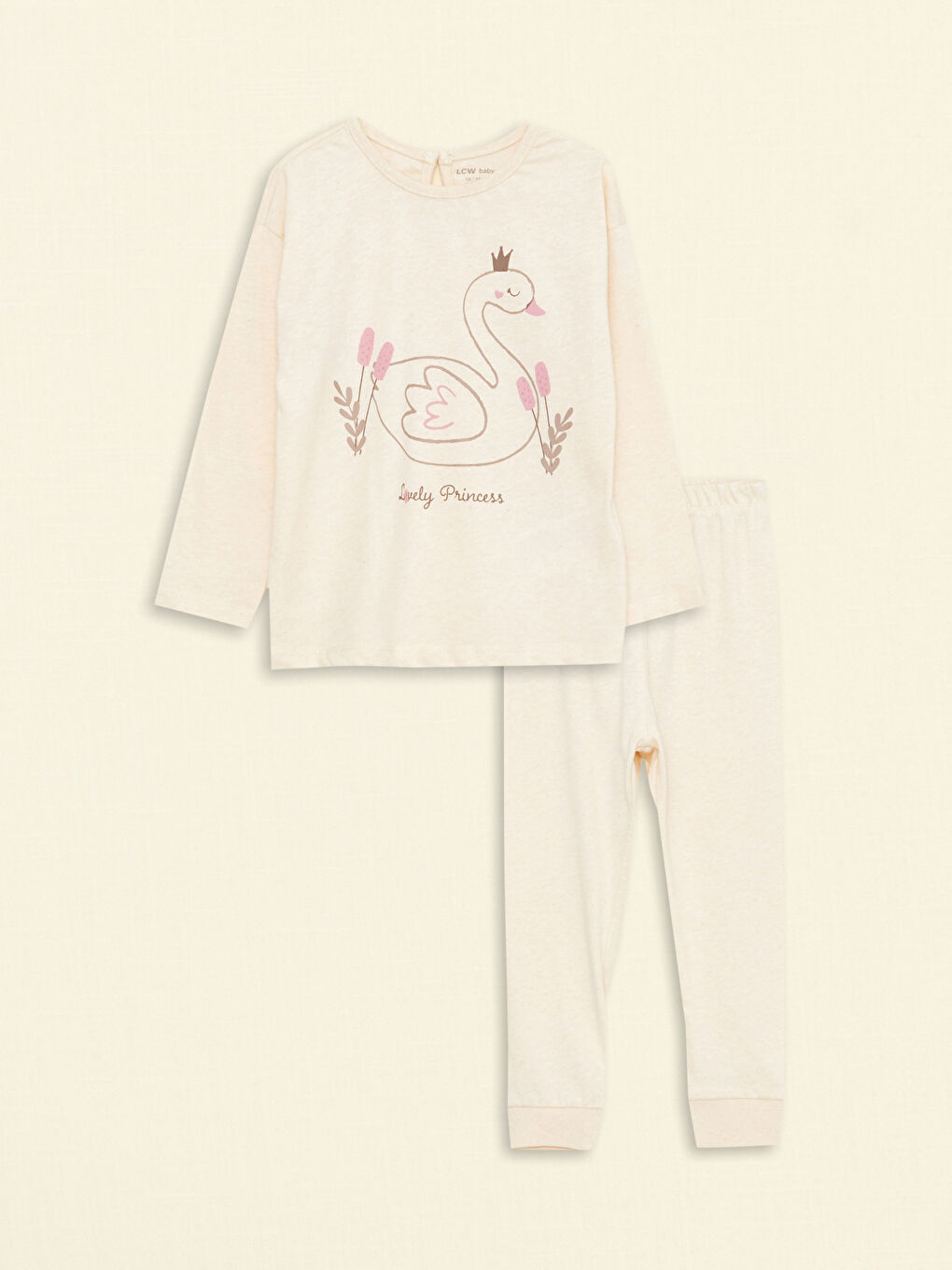 Bej Bisiklet Yaka Uzun Kollu Baskılı Kız Bebek Pijama Takımı