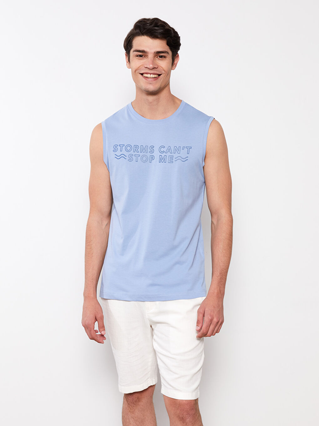 Mavi Bisiklet Yaka Baskılı Erkek Kolsuz Tişört