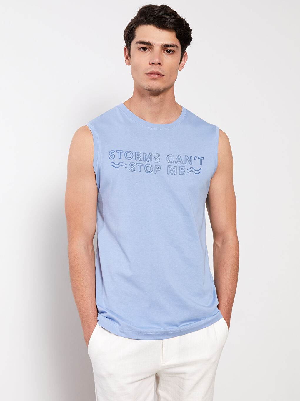 Mavi Bisiklet Yaka Baskılı Erkek Kolsuz Tişört-1