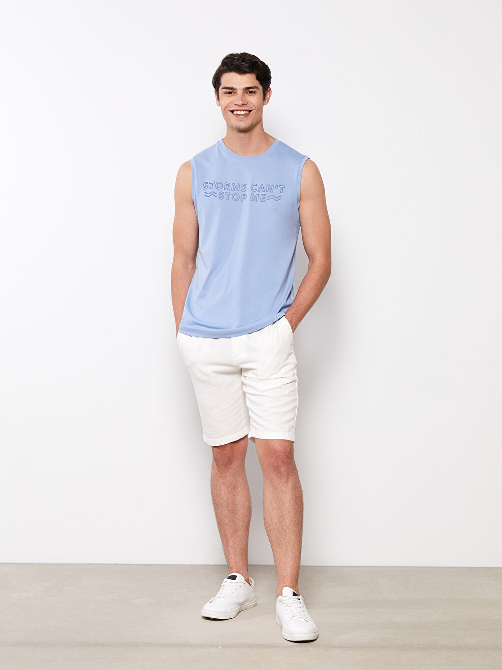 Mavi Bisiklet Yaka Baskılı Erkek Kolsuz Tişört-2