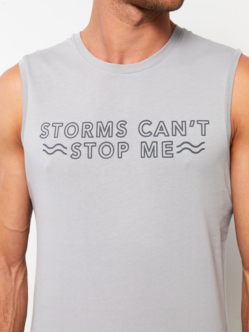 Gri Bisiklet Yaka Baskılı Erkek Kolsuz Tişört-3