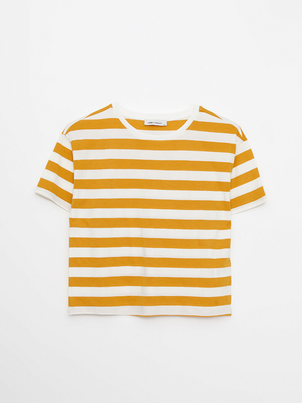 Bej Bisiklet Yaka Çizgili Kısa Kollu Kadın Tişört-5