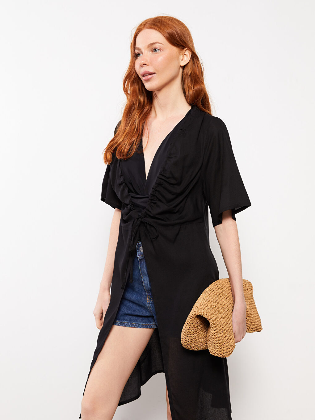 Siyah V Yaka Düz Kısa Kollu Viskon Kadın Kimono-1