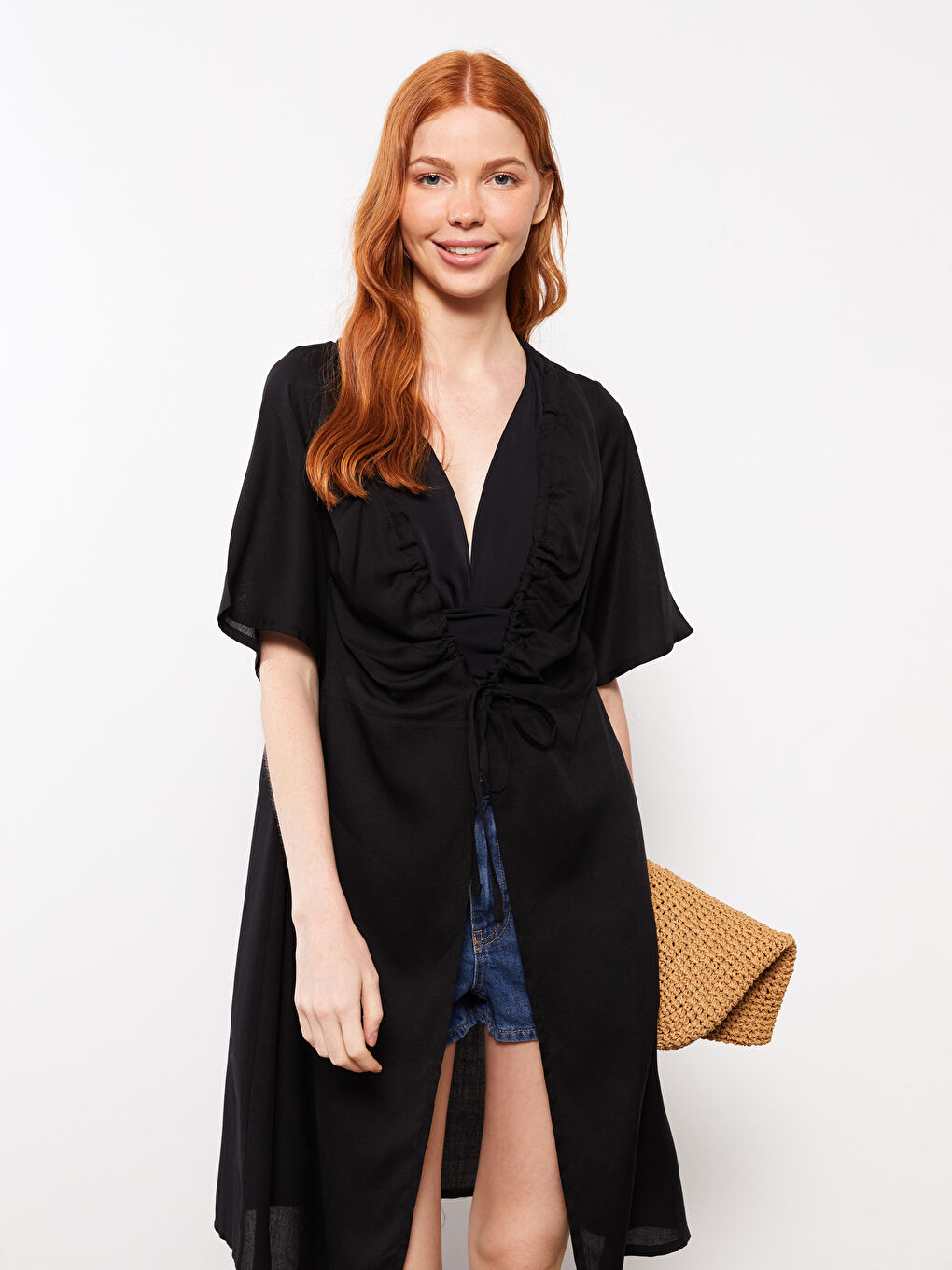 Siyah V Yaka Düz Kısa Kollu Viskon Kadın Kimono-2