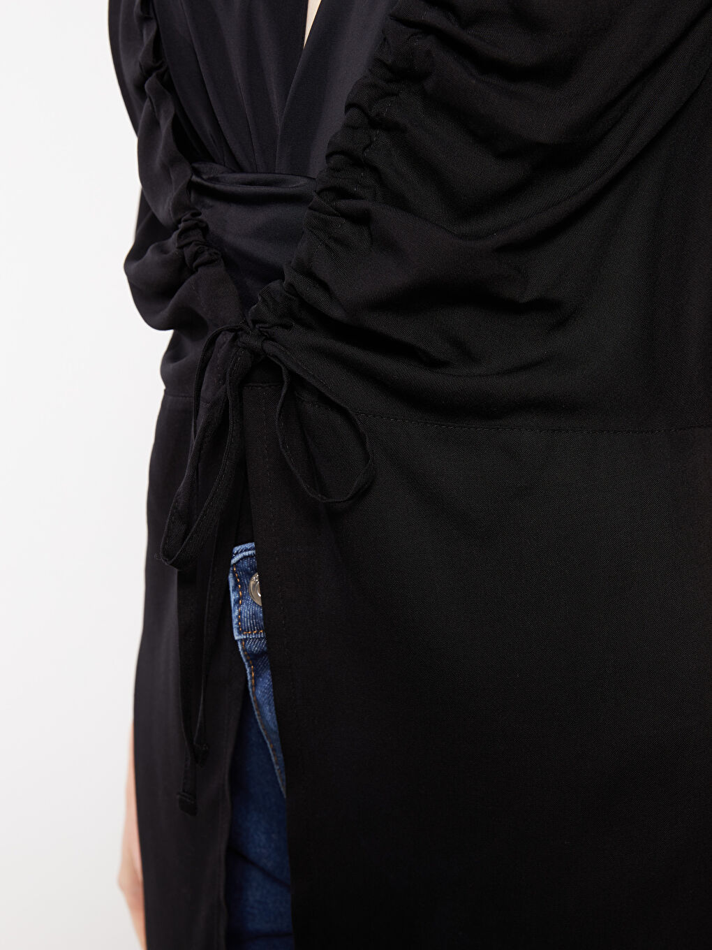 Siyah V Yaka Düz Kısa Kollu Viskon Kadın Kimono-3