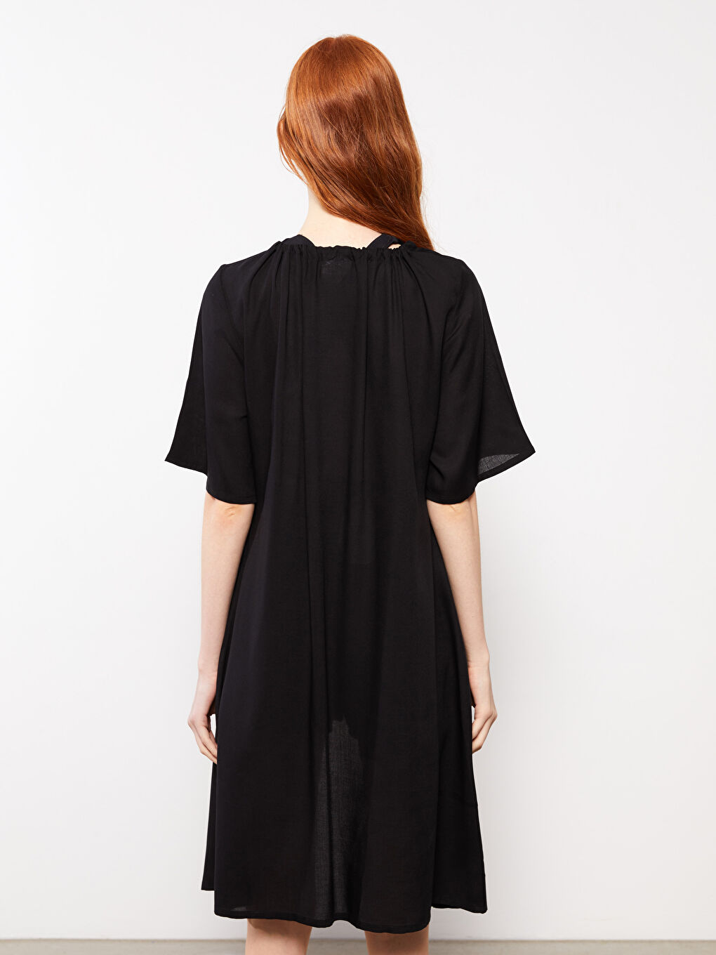 Siyah V Yaka Düz Kısa Kollu Viskon Kadın Kimono-4