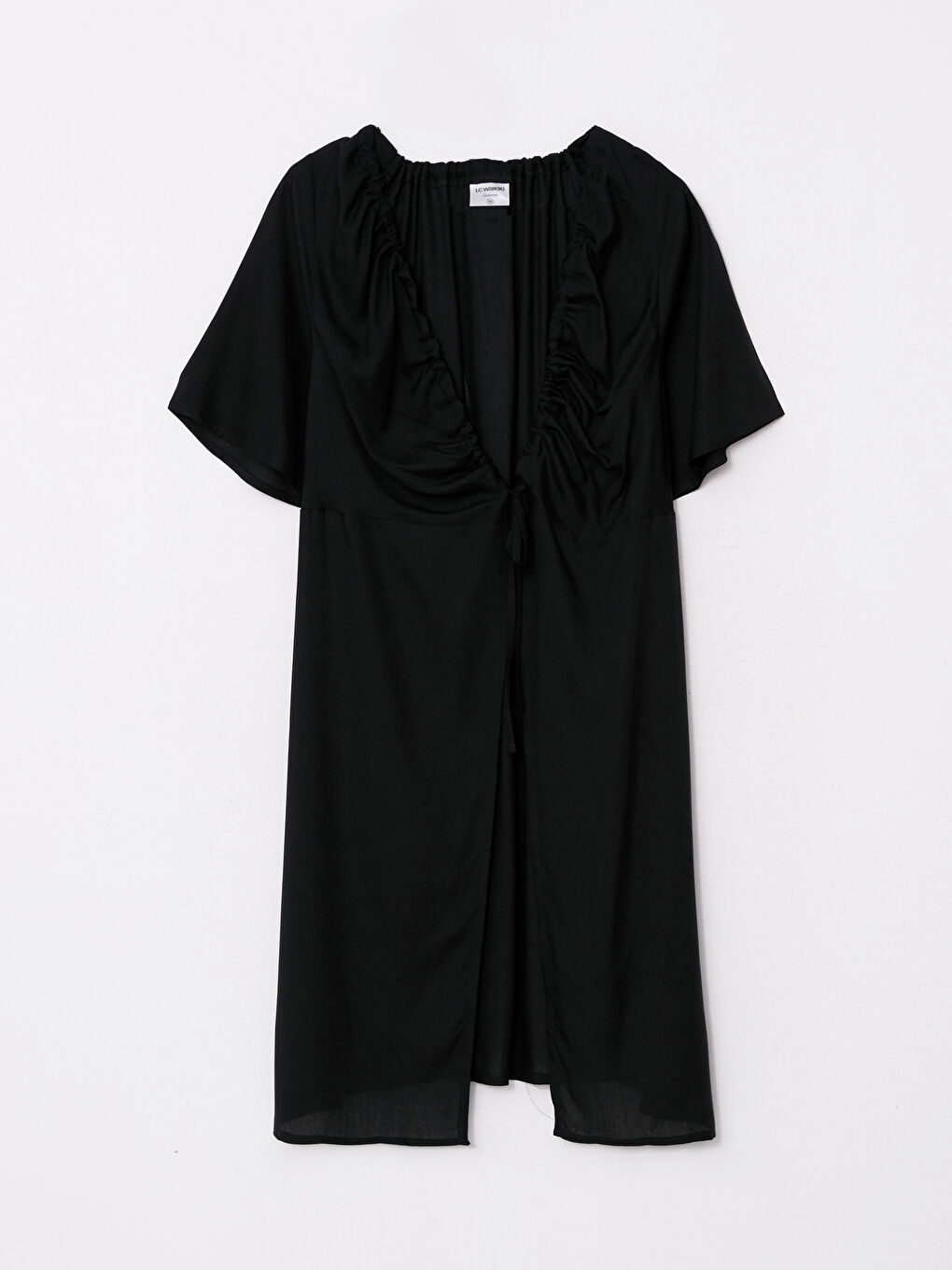 Siyah V Yaka Düz Kısa Kollu Viskon Kadın Kimono-5