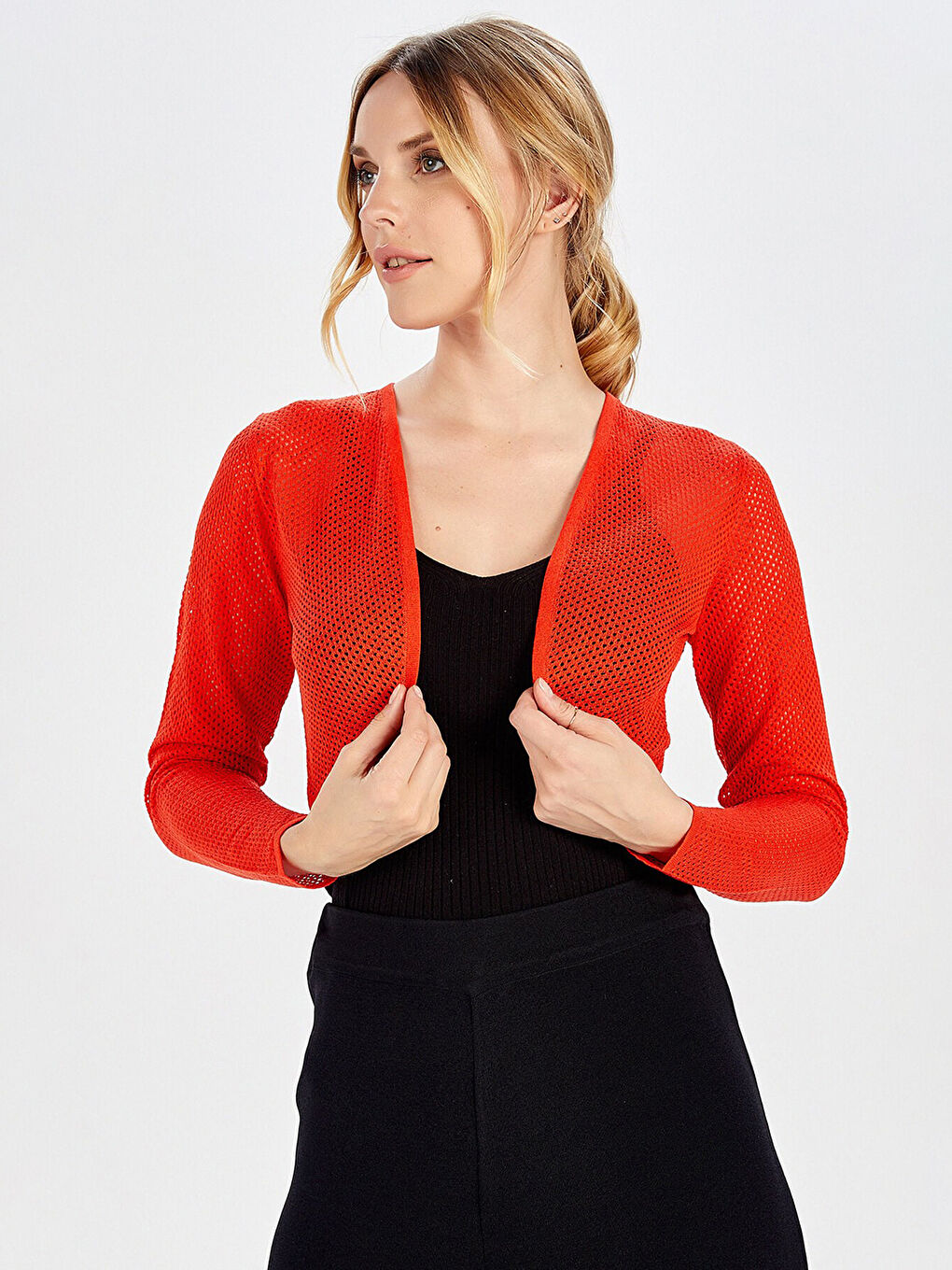 Turuncu Peraluna File Detaylı Uzun Kollu Kadın Bolero-2