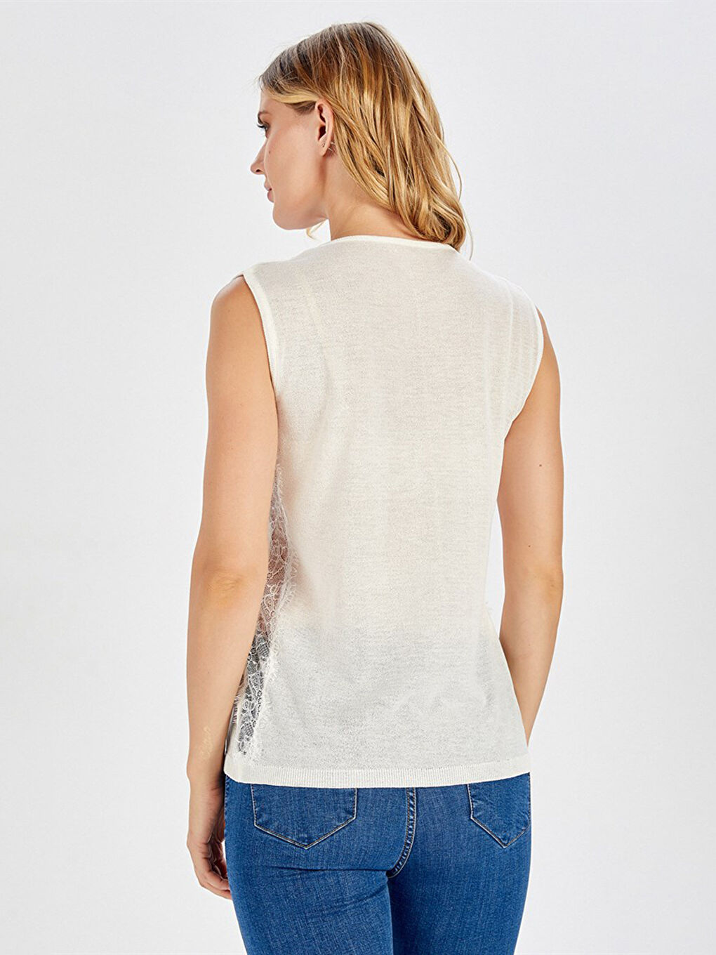 Beyaz Kadın V Yaka Düz Triko Bluz-4