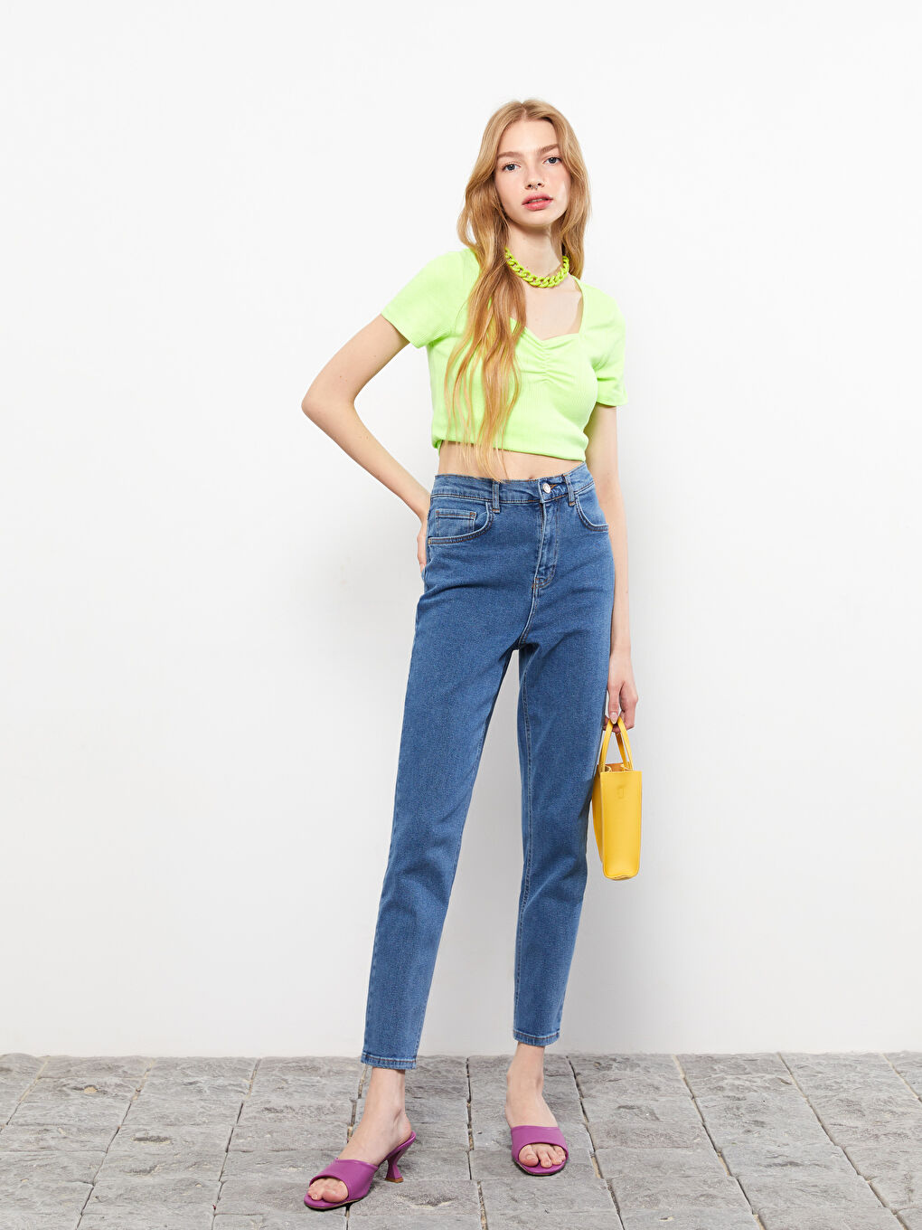 İndigo Yüksek Bel Slim Fit Düz Cep Detaylı Kadın Jean Pantolon