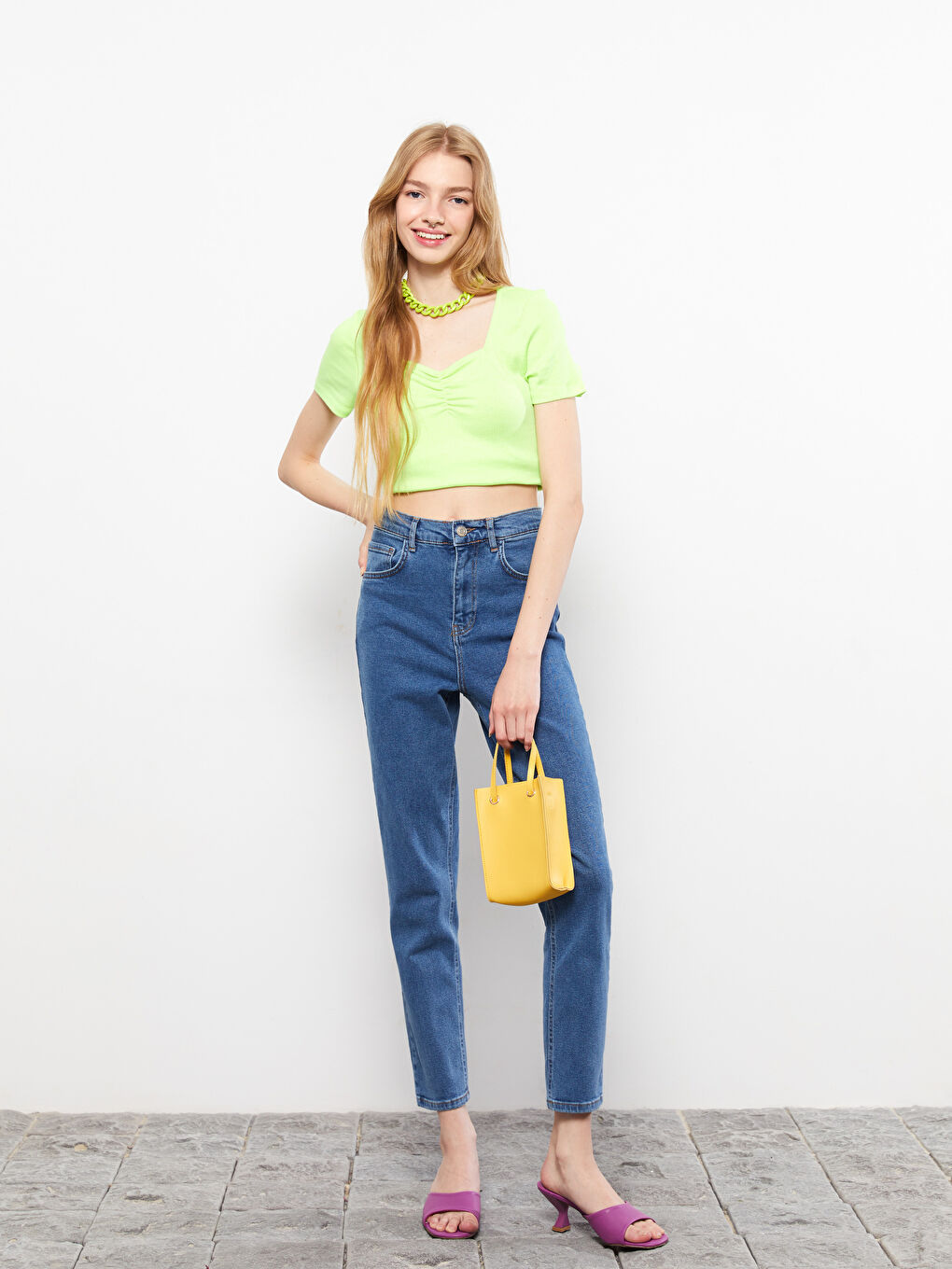 İndigo Yüksek Bel Slim Fit Düz Cep Detaylı Kadın Jean Pantolon-1