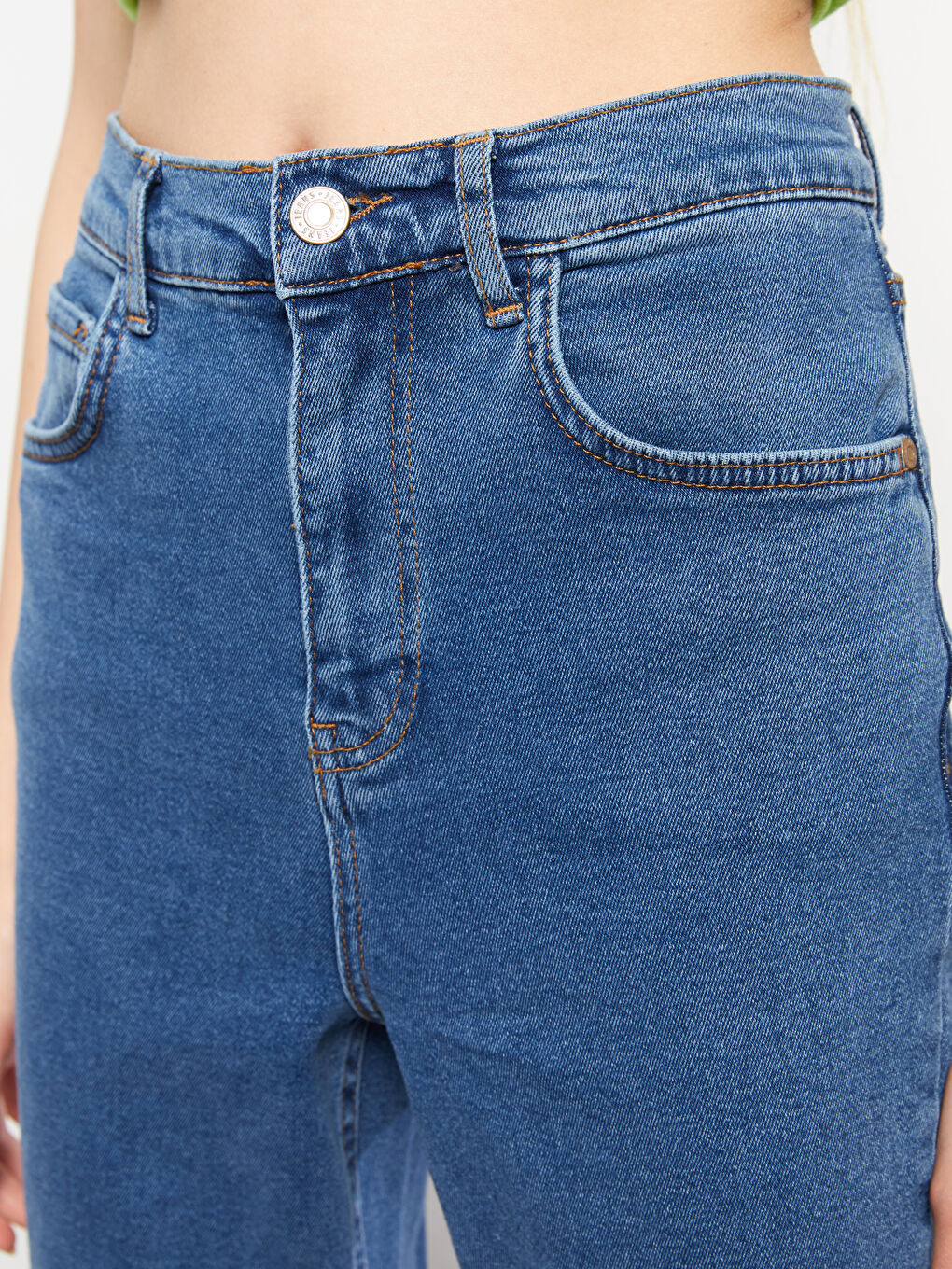 İndigo Yüksek Bel Slim Fit Düz Cep Detaylı Kadın Jean Pantolon-2