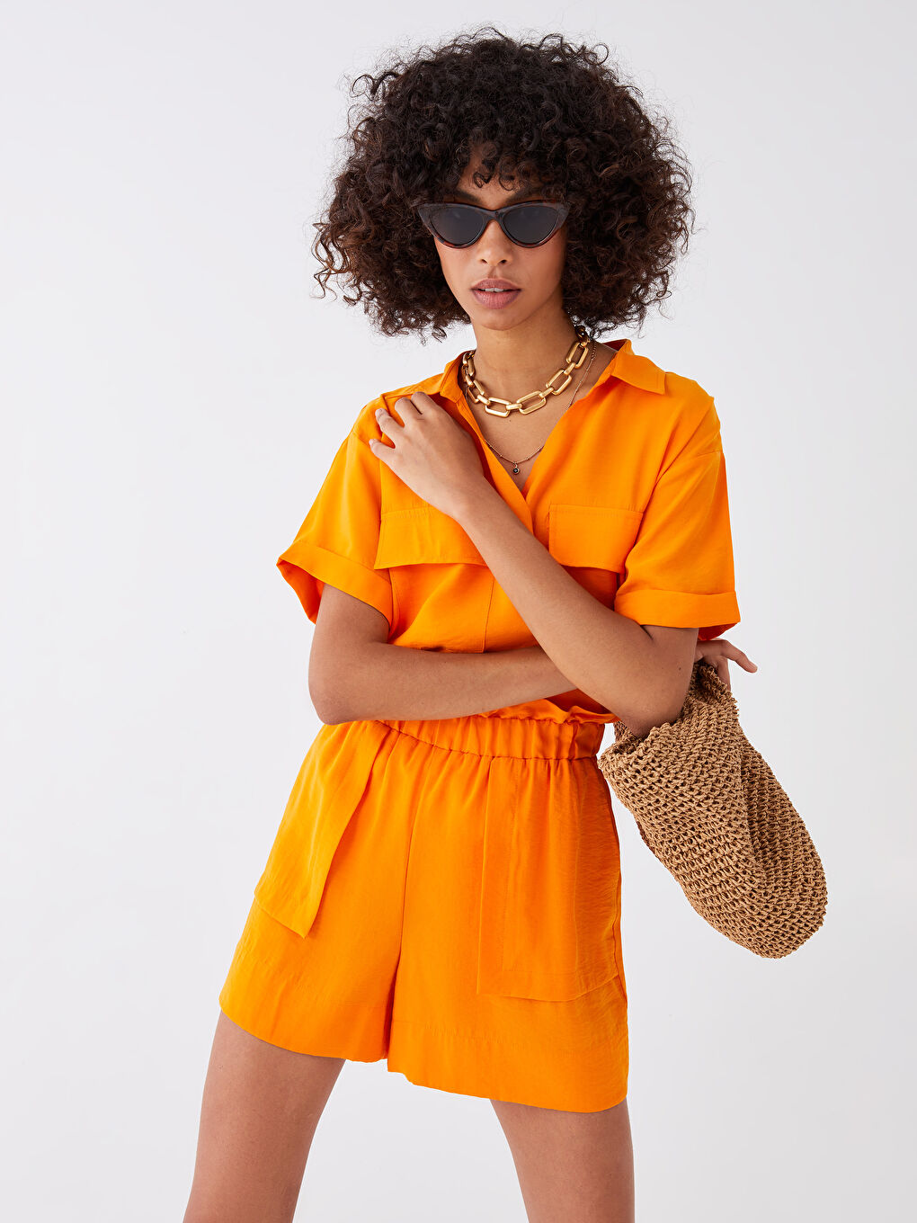 Turuncu Kadın Beli Lastikli Düz Şort-2