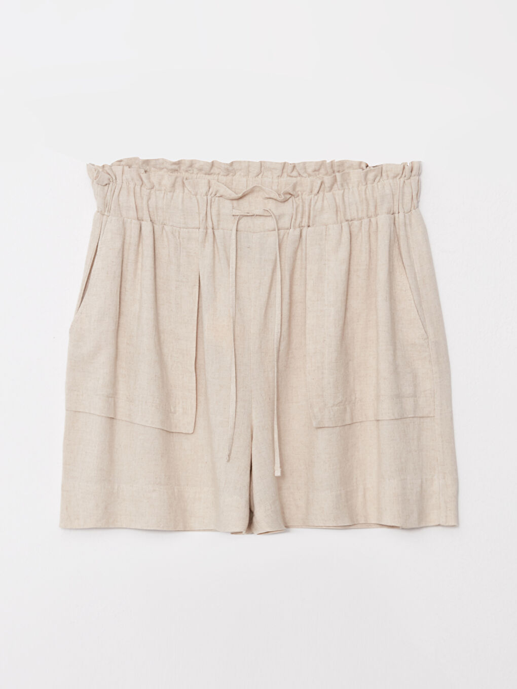 Ekru Beli Lastik Standart Fit Düz Cep Detaylı Kadın Şort-5