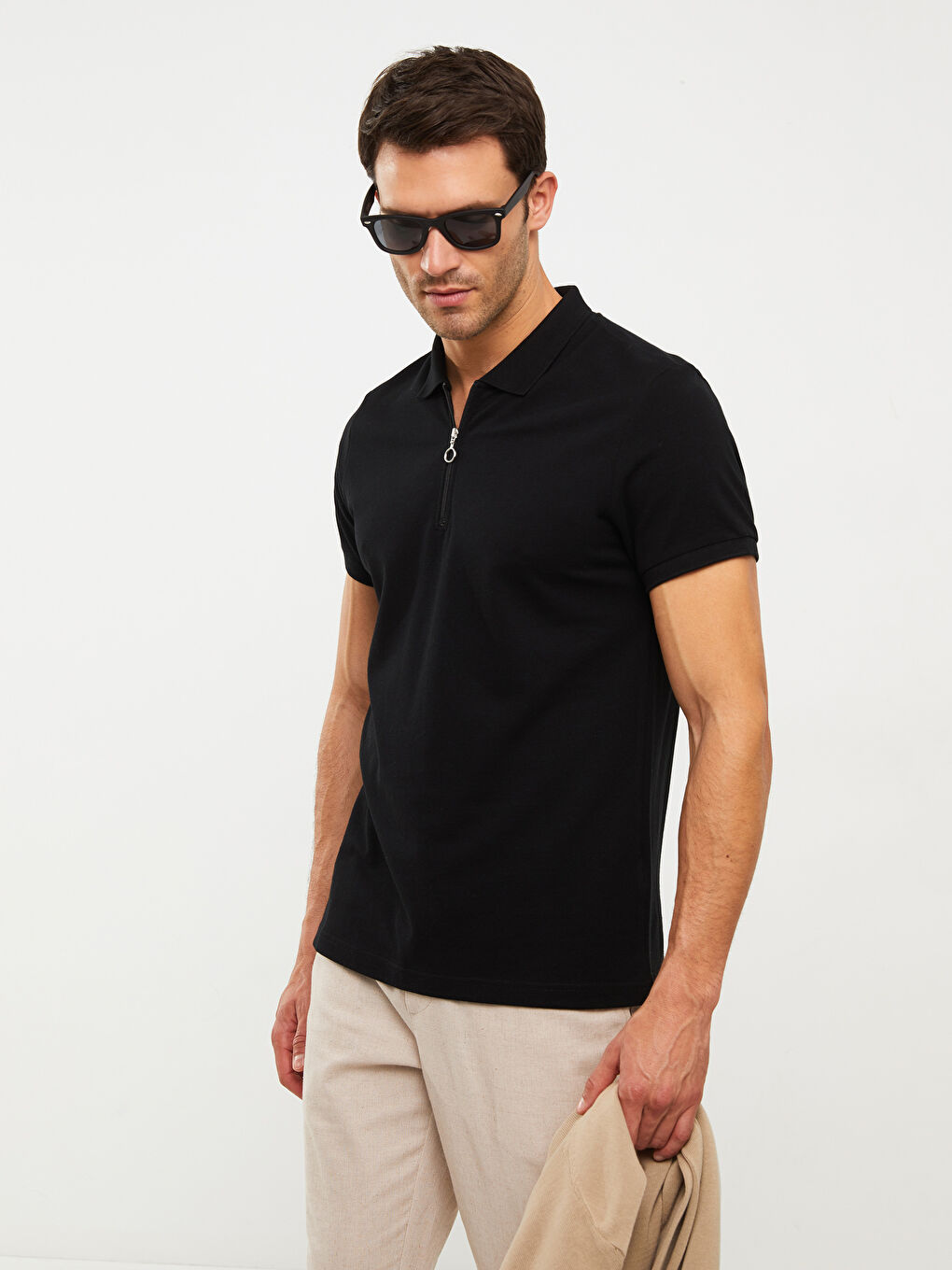 Siyah Polo Yaka Kısa Kollu Pike Erkek Tişört-2