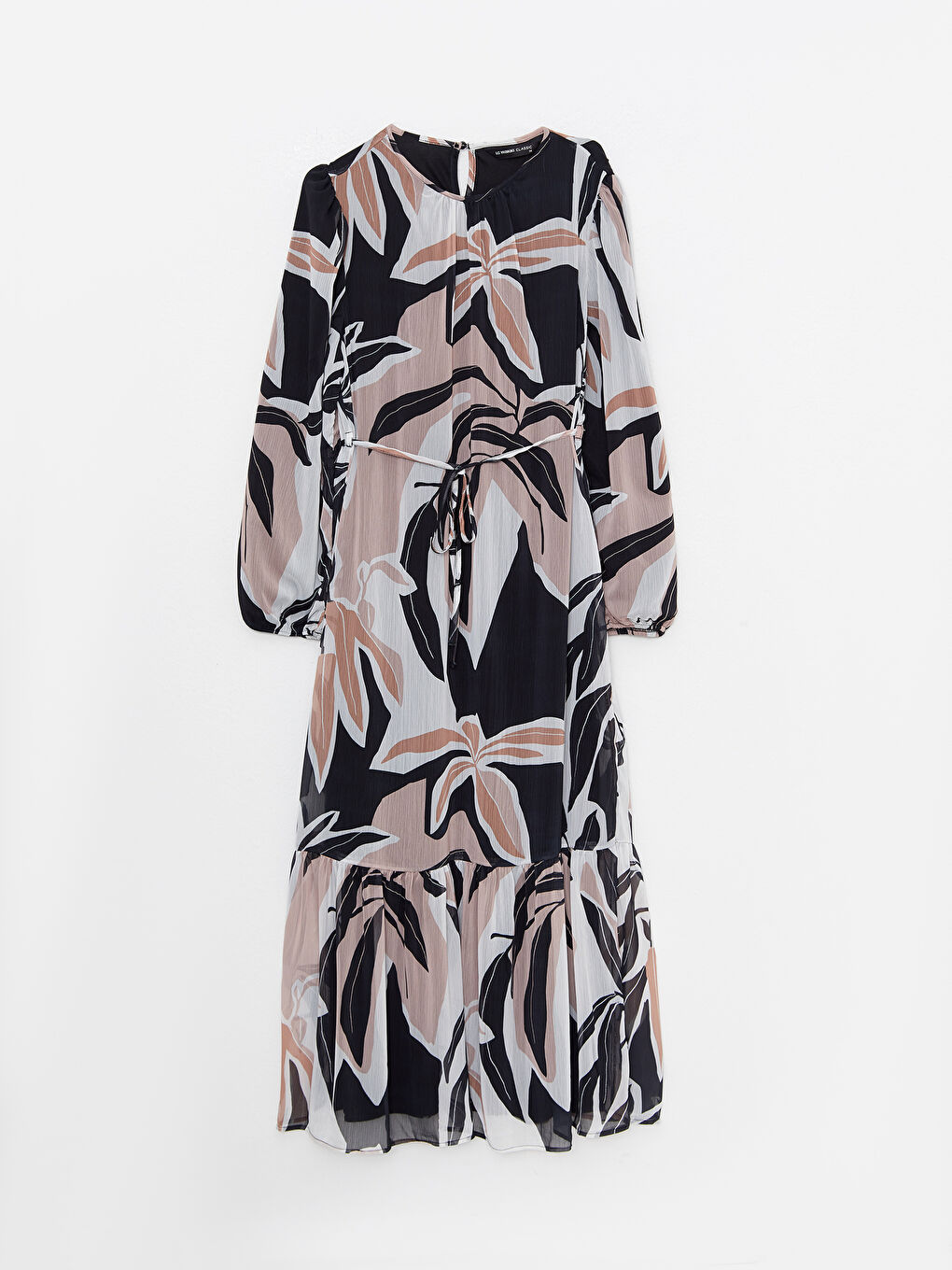 Bej Bisiklet Yaka Desenli Uzun Kollu Şifon Kadın Elbise-4