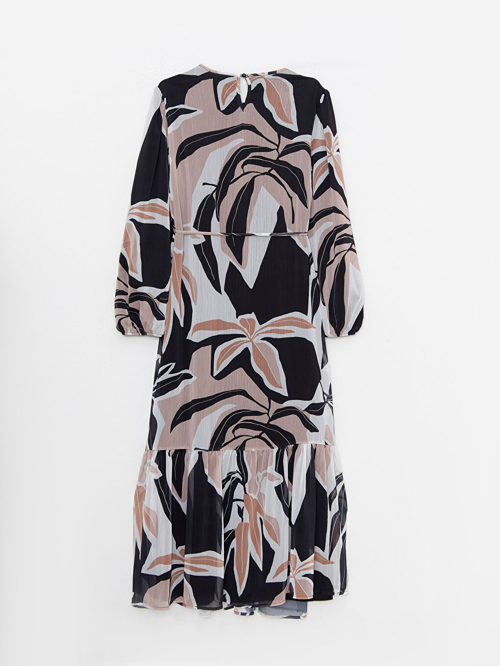 Bej Bisiklet Yaka Desenli Uzun Kollu Şifon Kadın Elbise-5