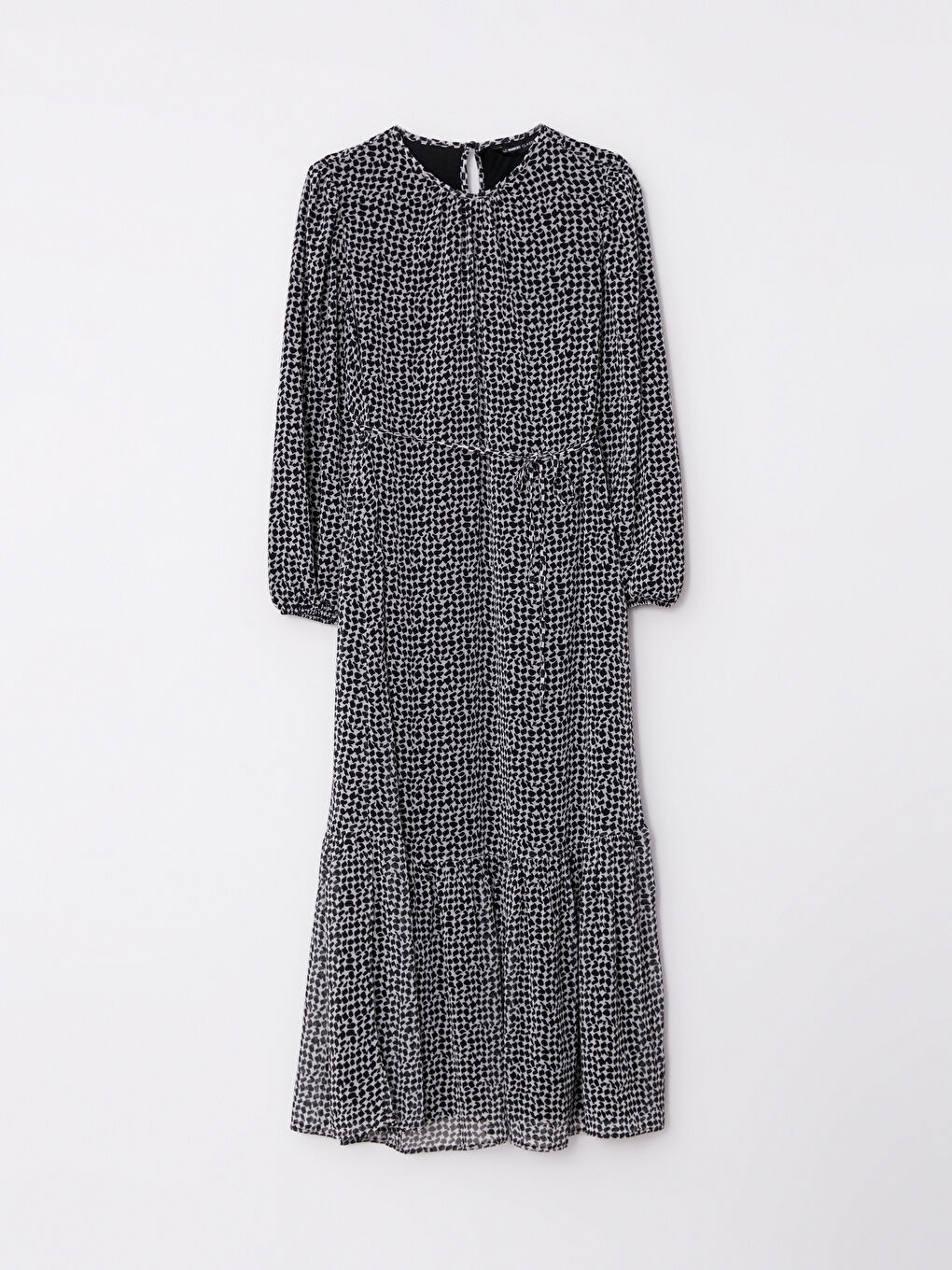 Siyah Bisiklet Yaka Desenli Uzun Kollu Şifon Kadın Elbise-5