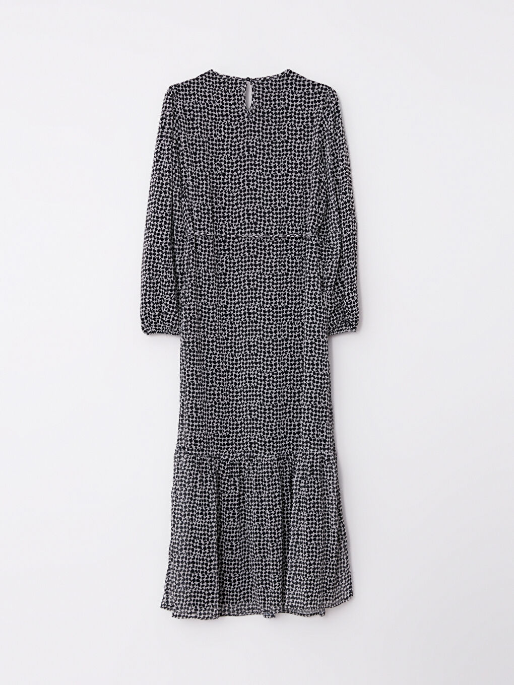 Siyah Bisiklet Yaka Desenli Uzun Kollu Şifon Kadın Elbise-6