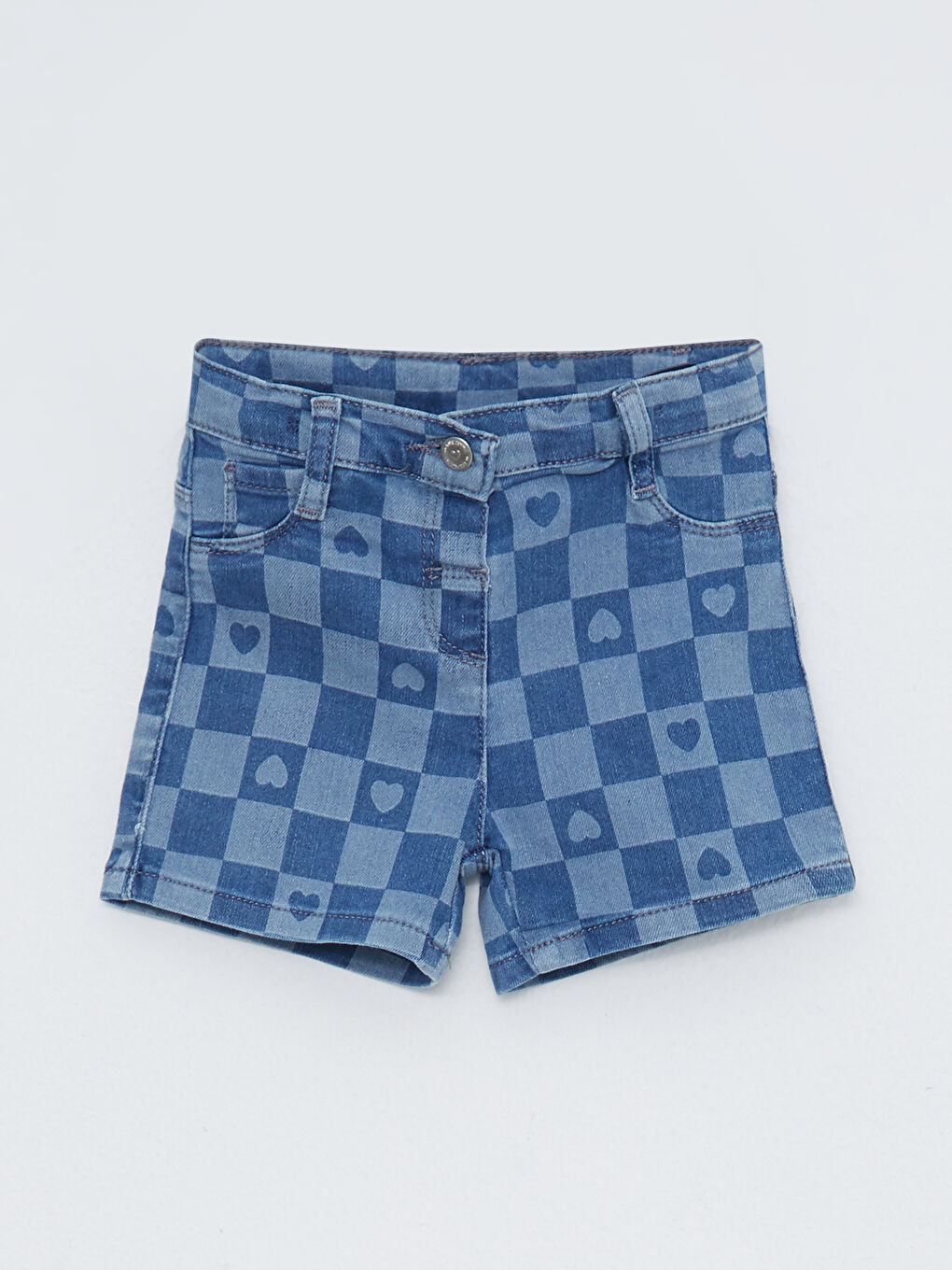 LCW baby Indigo Ekose Desenli Kız Bebek Jean Şort