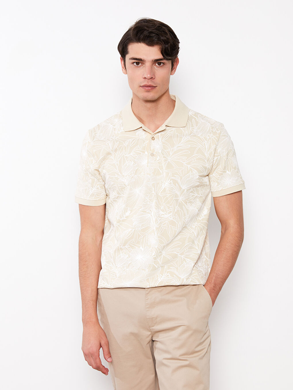 Bej Polo Yaka Kısa Kollu Desenli Pike Erkek Tişört