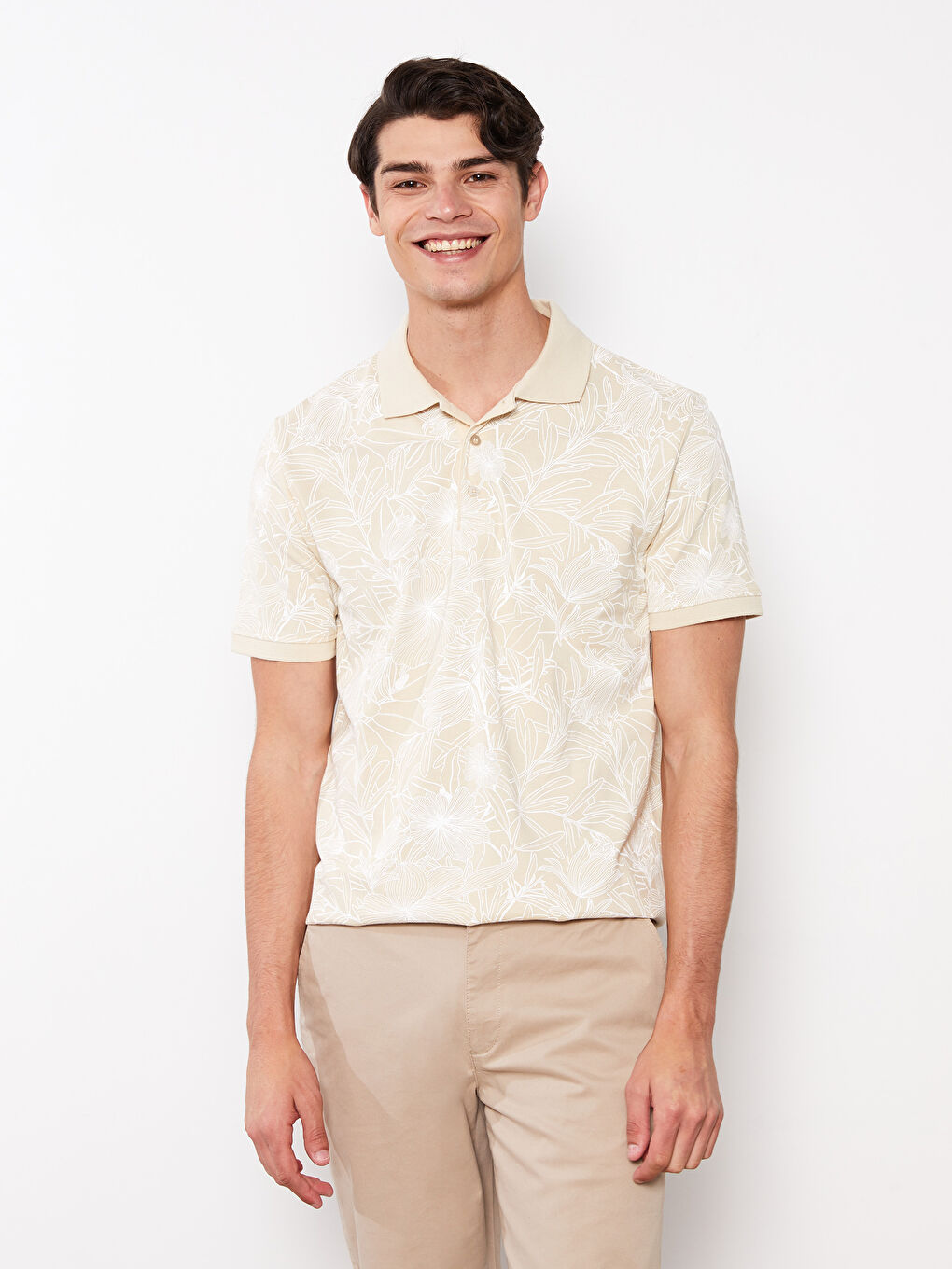 Bej Polo Yaka Kısa Kollu Desenli Pike Erkek Tişört-1