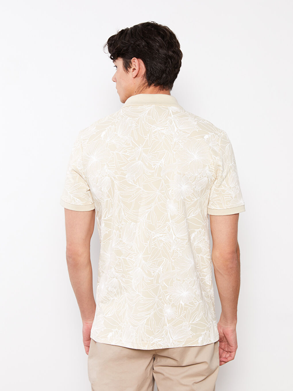 Bej Polo Yaka Kısa Kollu Desenli Pike Erkek Tişört-4