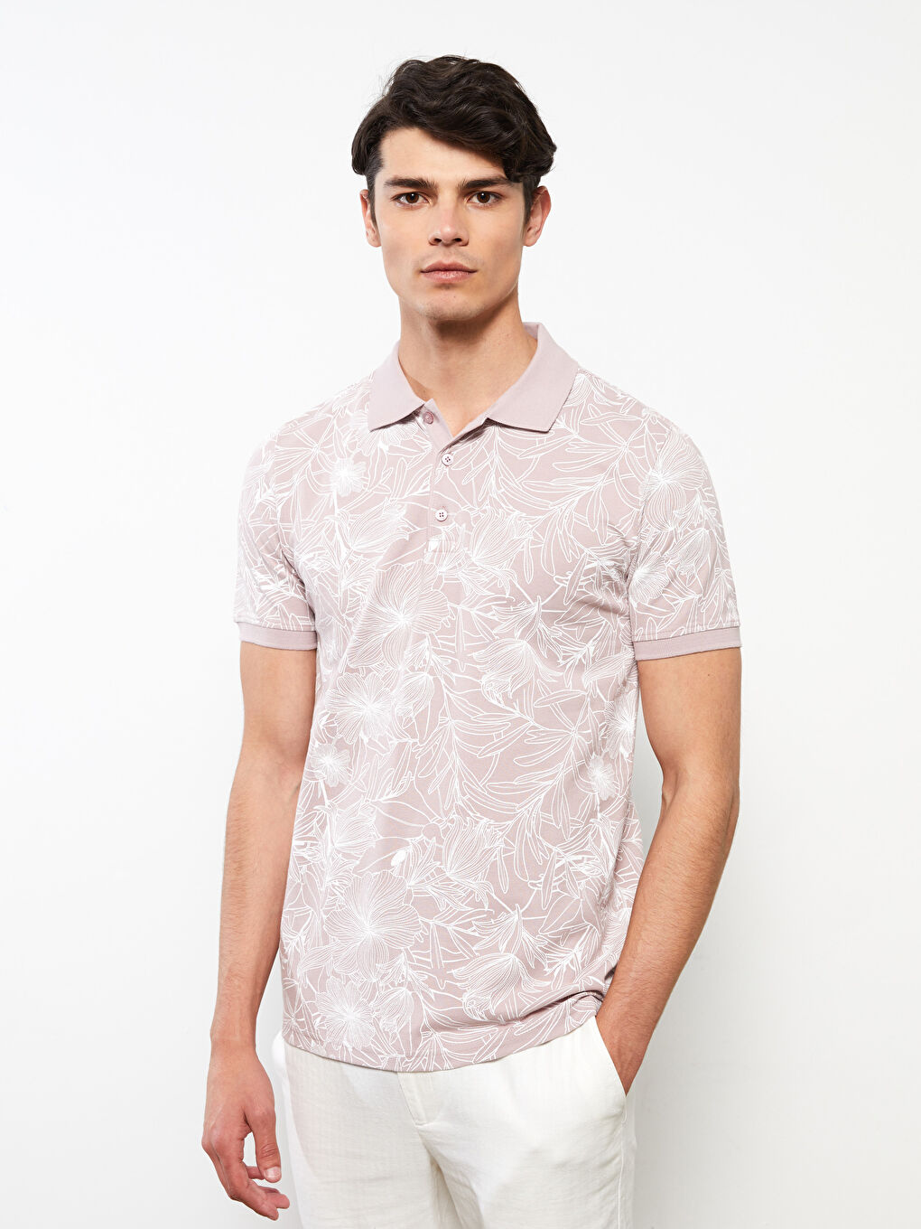 Pembe Polo Yaka Kısa Kollu Desenli Pike Erkek Tişört-1