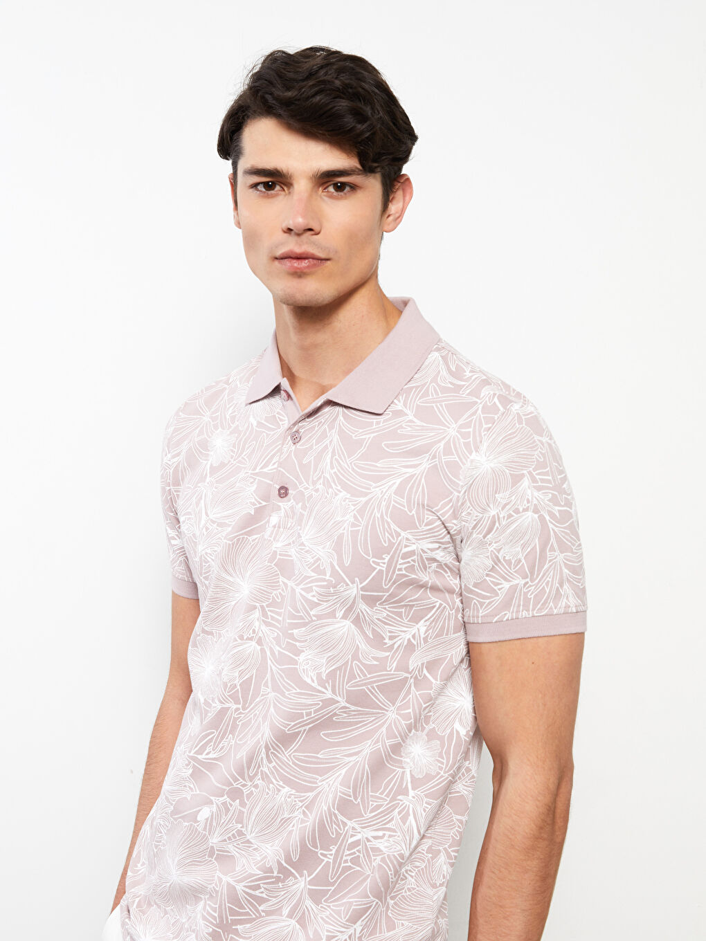 Pembe Polo Yaka Kısa Kollu Desenli Pike Erkek Tişört-2