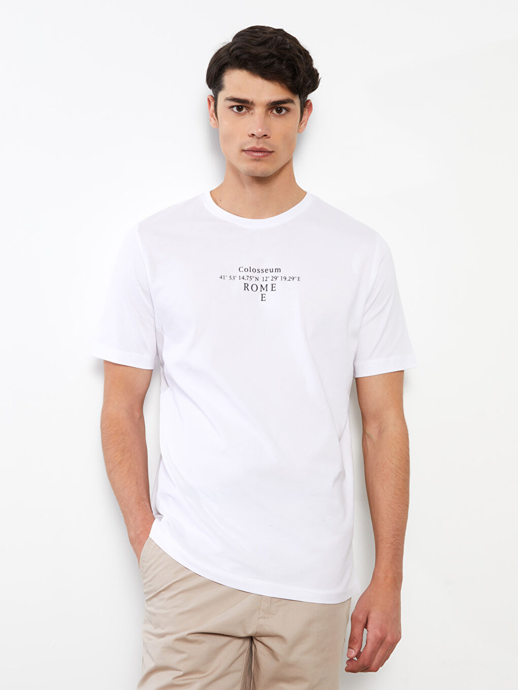 Beyaz Bisiklet Yaka Kısa Kollu Baskılı Penye Erkek Tişört-1