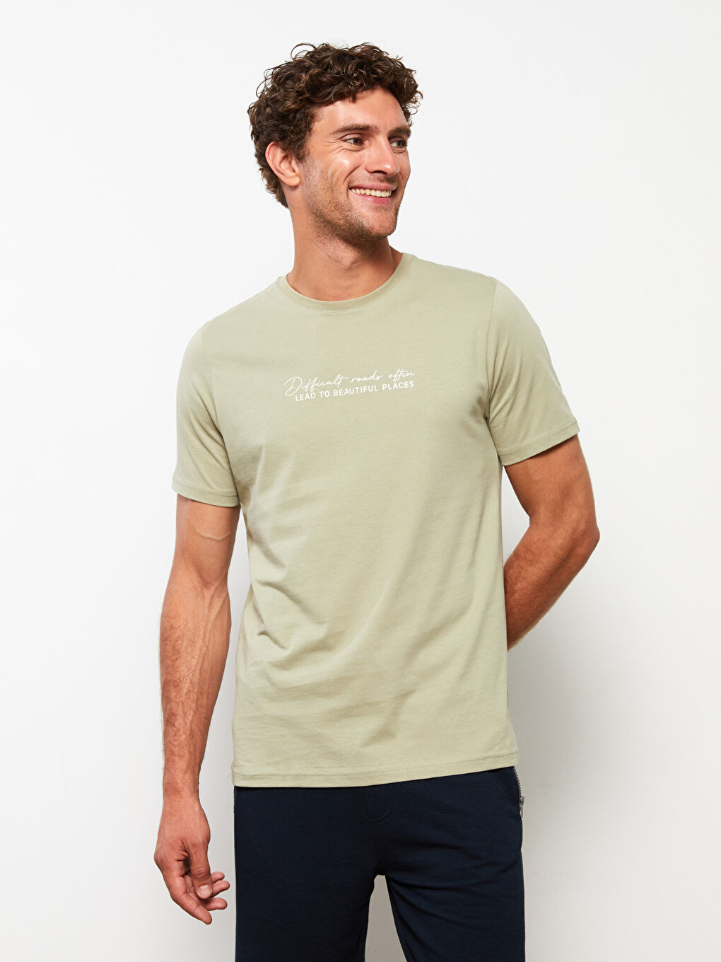 Yeşil Bisiklet Yaka Kısa Kollu Baskılı Penye Erkek Tişört-1