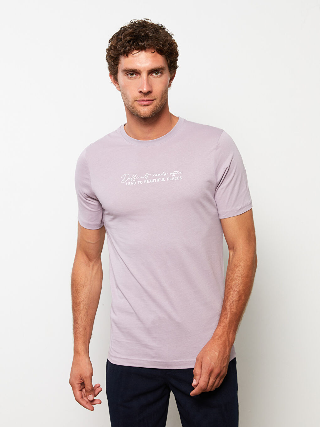 Lila Bisiklet Yaka Kısa Kollu Baskılı Penye Erkek Tişört