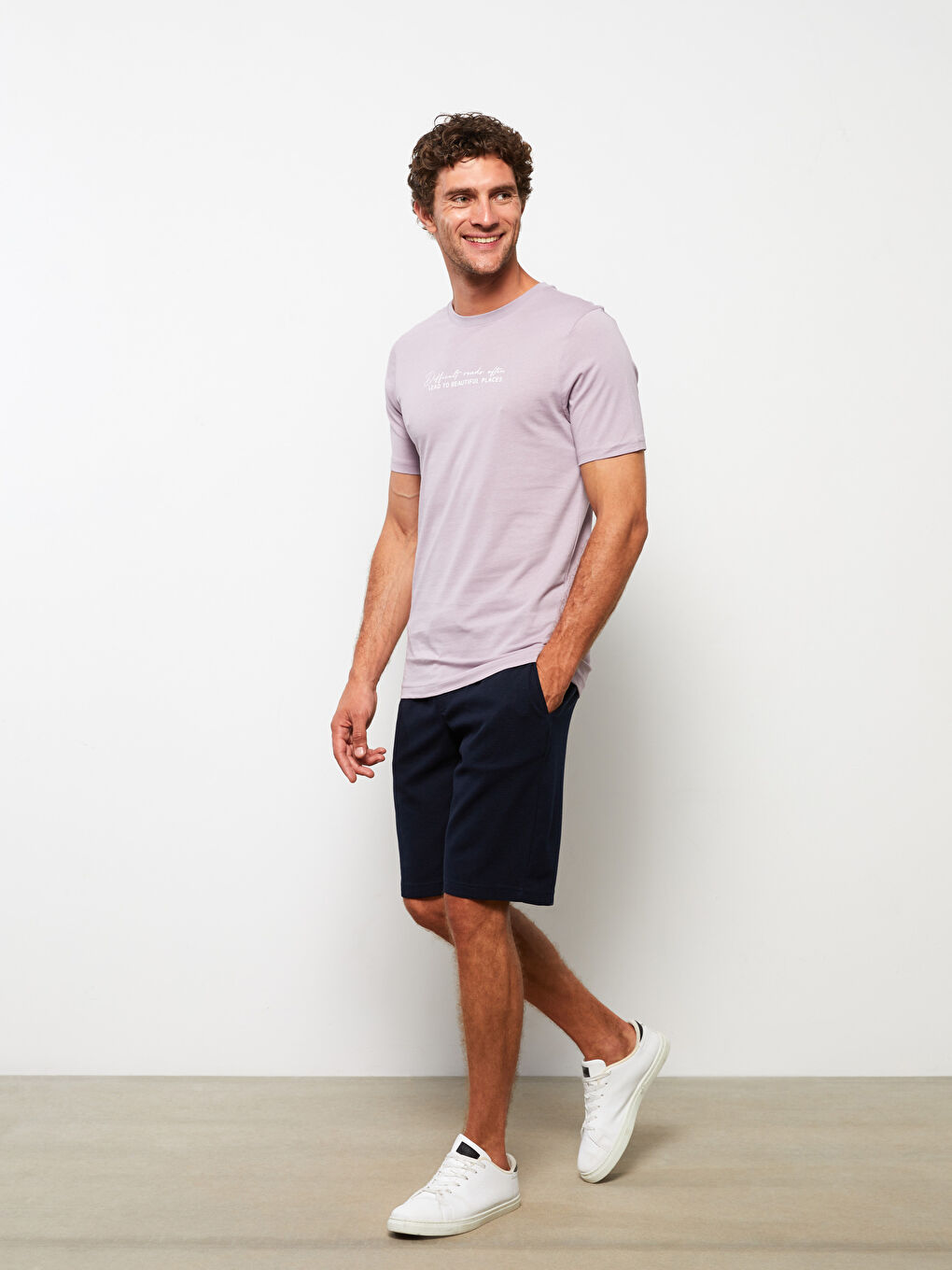 Lila Bisiklet Yaka Kısa Kollu Baskılı Penye Erkek Tişört-2