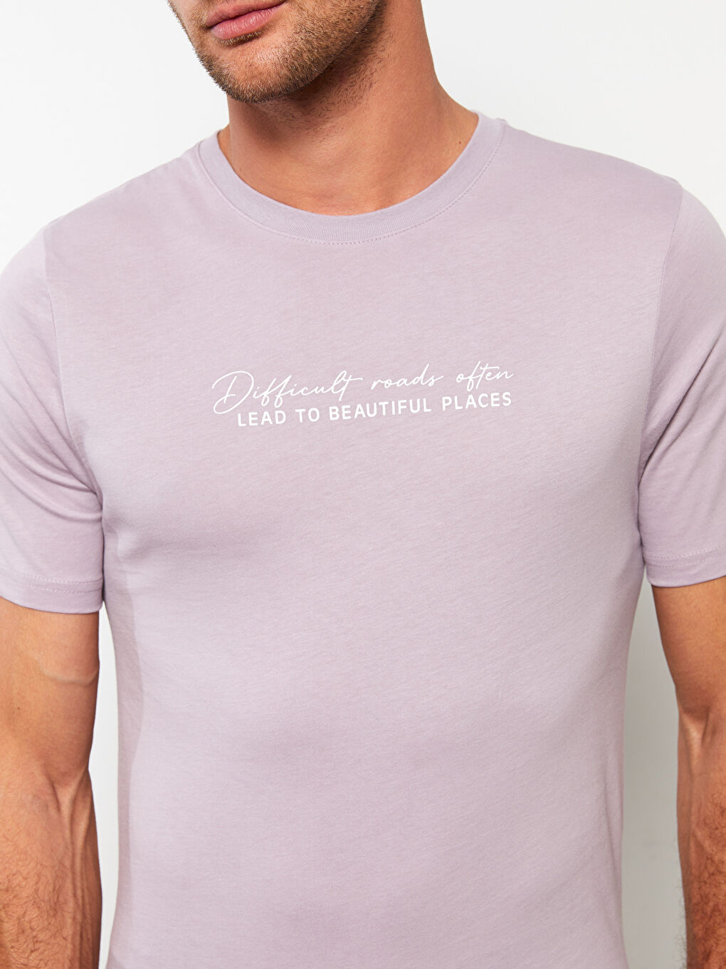 Lila Bisiklet Yaka Kısa Kollu Baskılı Penye Erkek Tişört-3