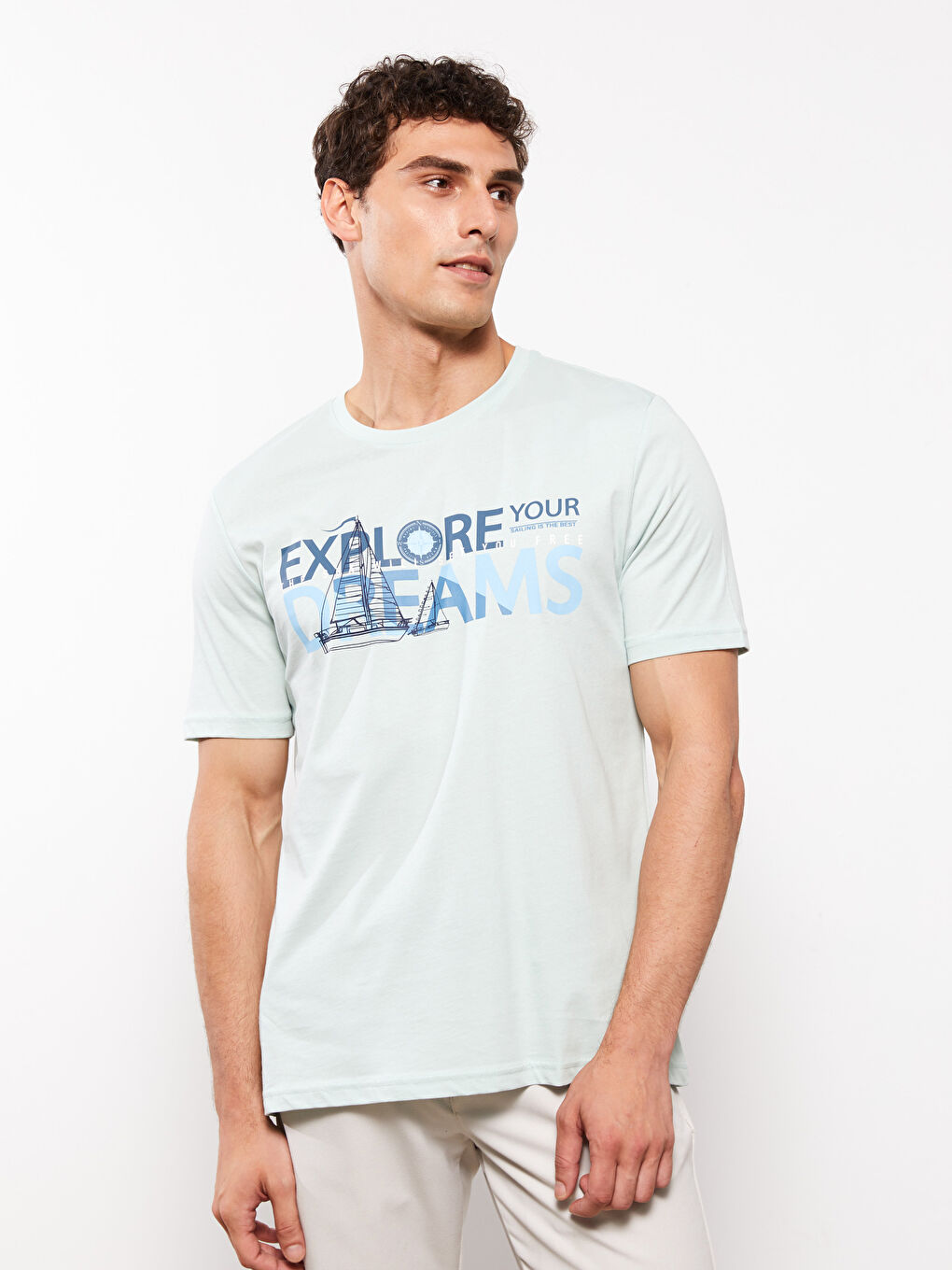 تيشيرت رجالي ياقة دائرية كم قصير مطبوع قطن ممشط