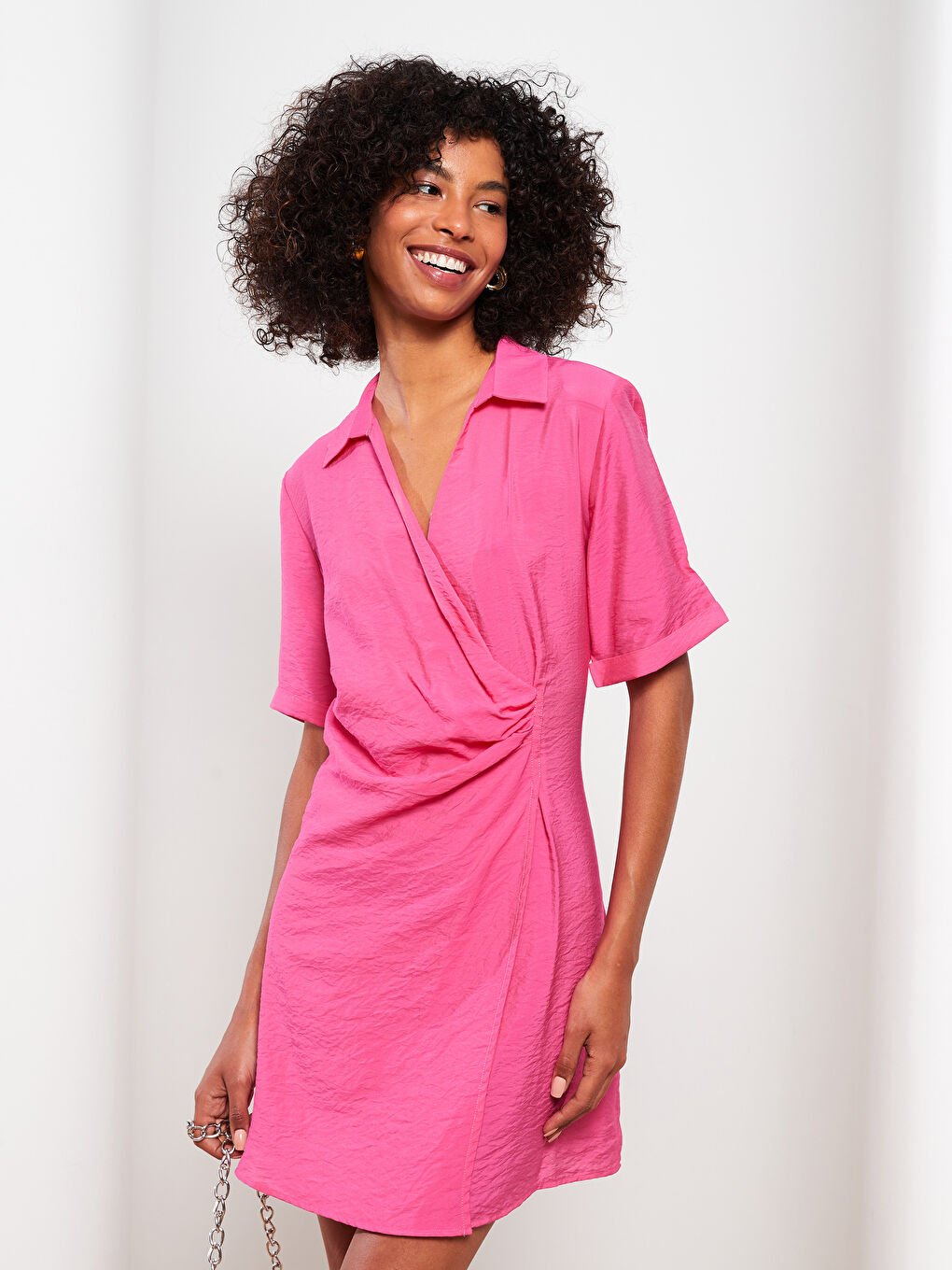 Fuşya Düz Kısa Kollu Kadın Gömlek Elbise-2