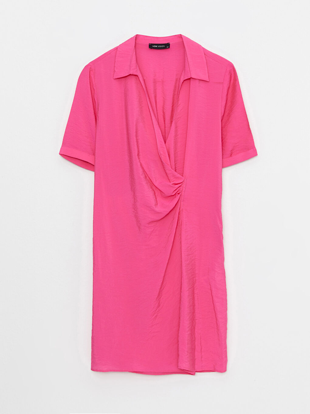 Fuşya Düz Kısa Kollu Kadın Gömlek Elbise-5