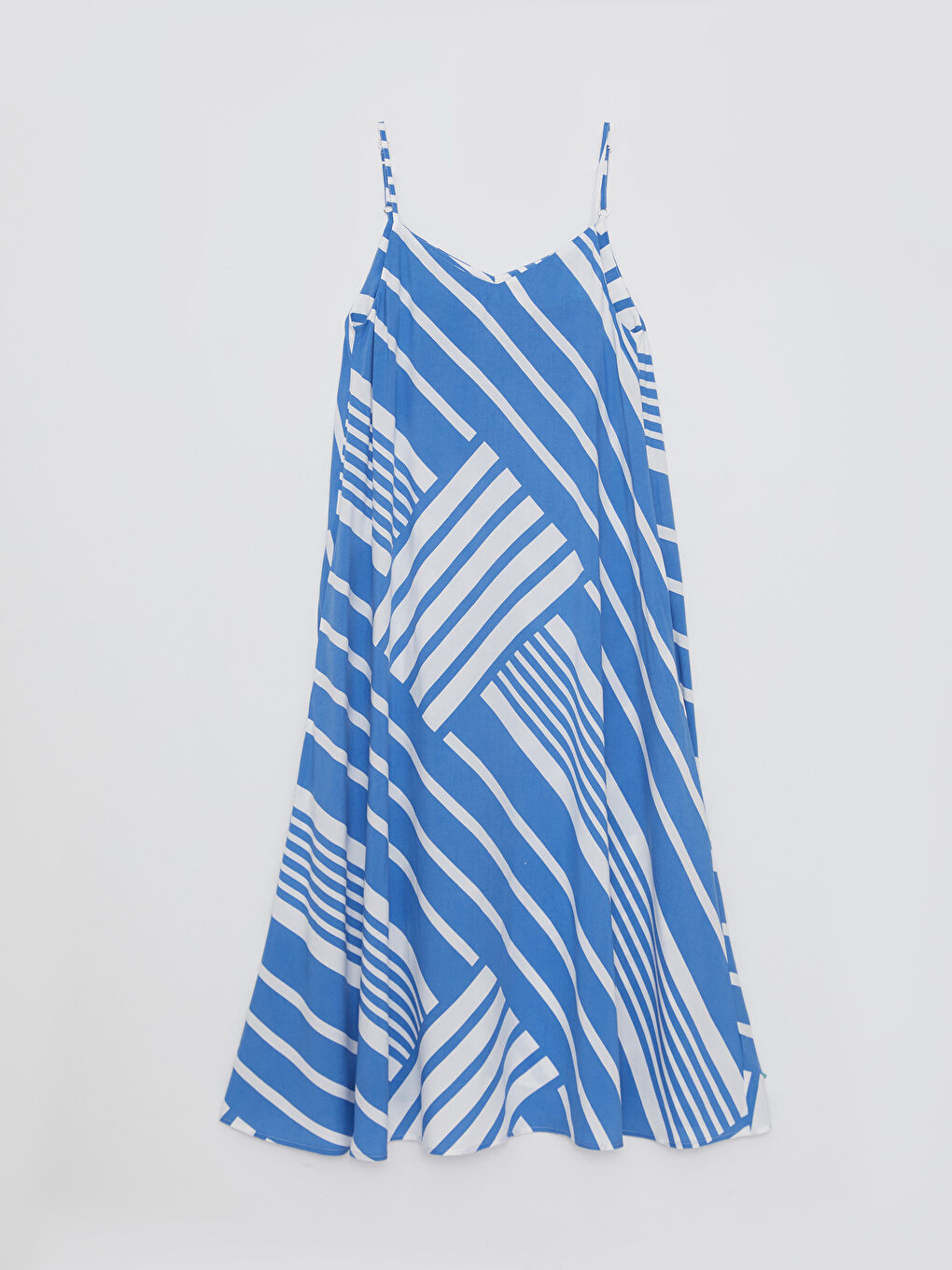 Mavi V Yaka Çizgili Askılı Viskon Kadın Elbise-5