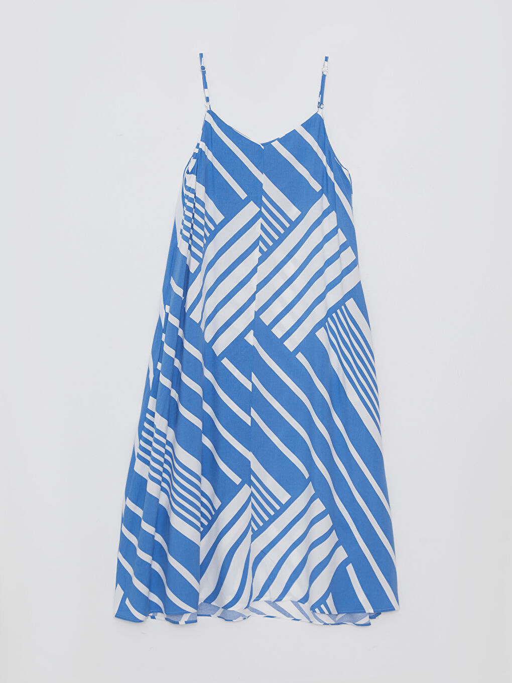 Mavi V Yaka Çizgili Askılı Viskon Kadın Elbise-6