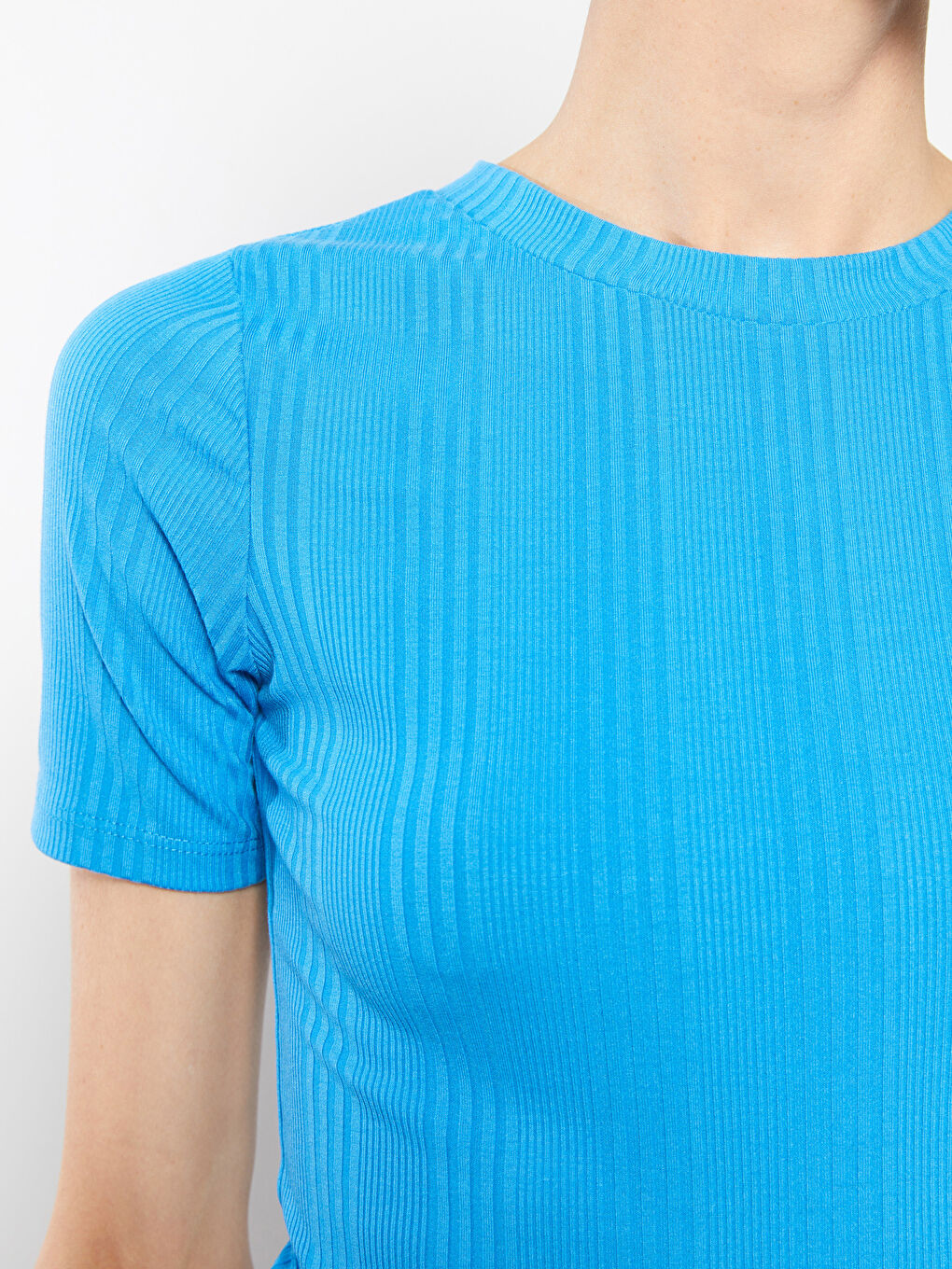 Mavi Bisiklet Yaka Düz Kısa Kollu Kadın Tişört-3