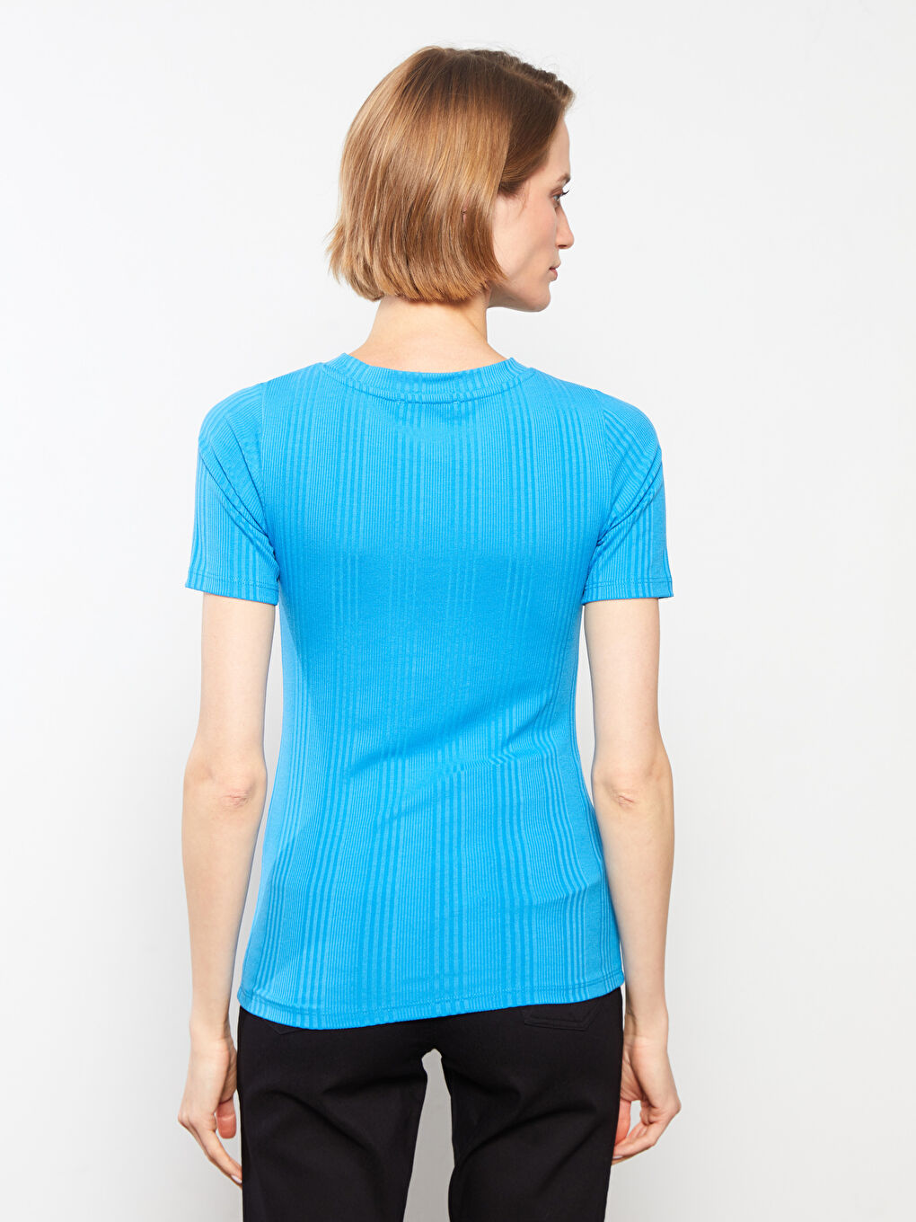 Mavi Bisiklet Yaka Düz Kısa Kollu Kadın Tişört-4