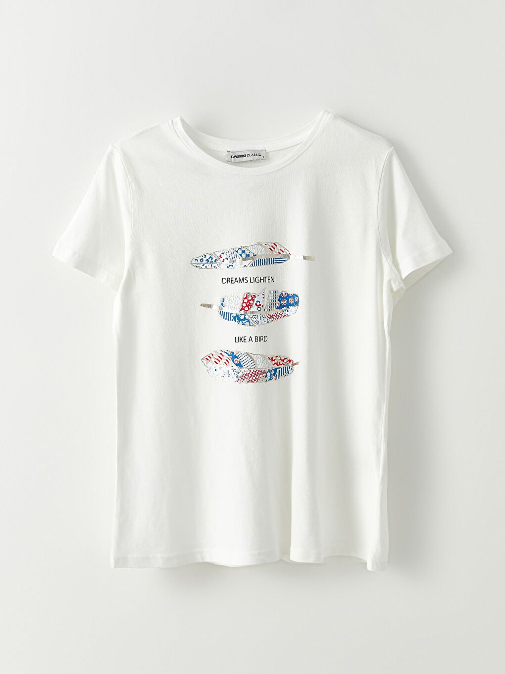 Ekru Bisiklet Yaka Baskılı Kısa Kollu Pamuklu Kadın Tişört-5