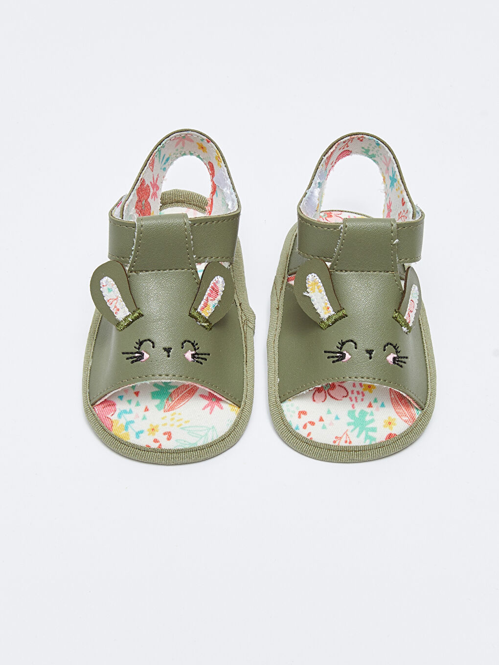 Haki Deri Görünümlü Nakışlı Cırt Cırtlı Kız Bebek Yürüme Öncesi Sandalet-2