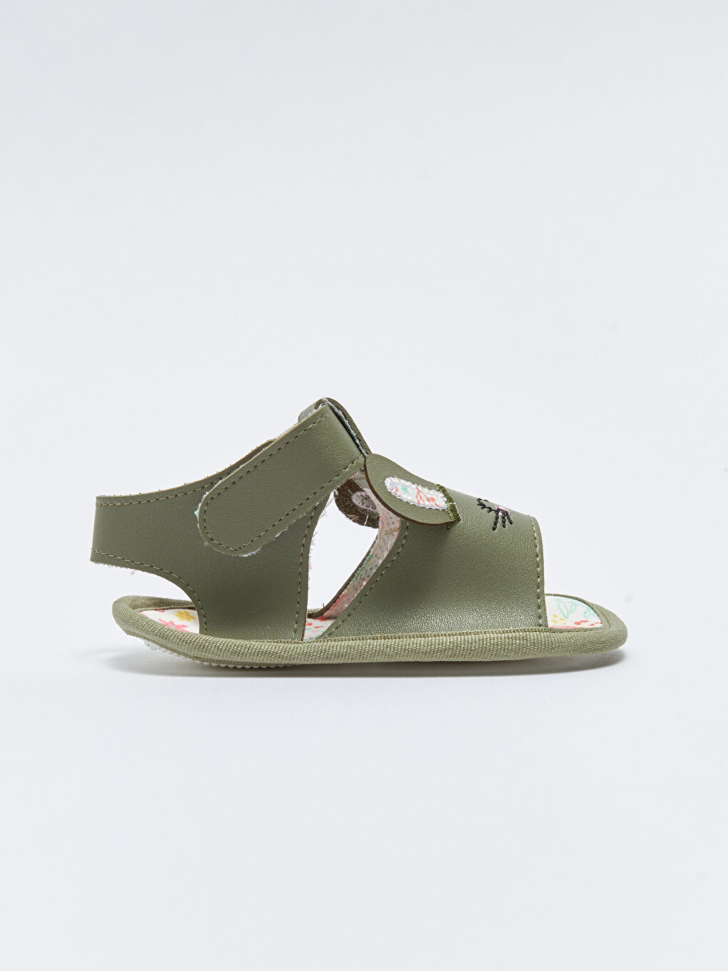 Haki Deri Görünümlü Nakışlı Cırt Cırtlı Kız Bebek Yürüme Öncesi Sandalet-3