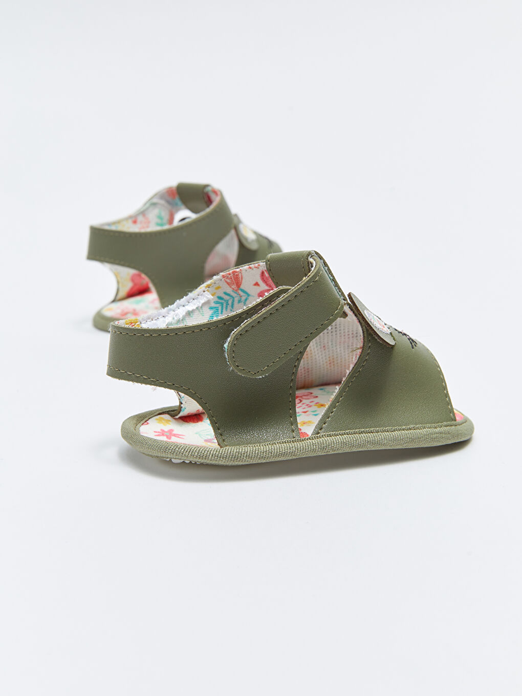 Haki Deri Görünümlü Nakışlı Cırt Cırtlı Kız Bebek Yürüme Öncesi Sandalet-5