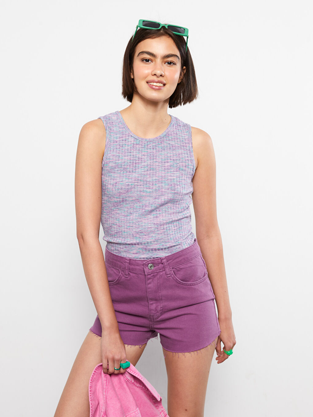 Mor Kadın Bisiklet Yaka Düz Atlet-1